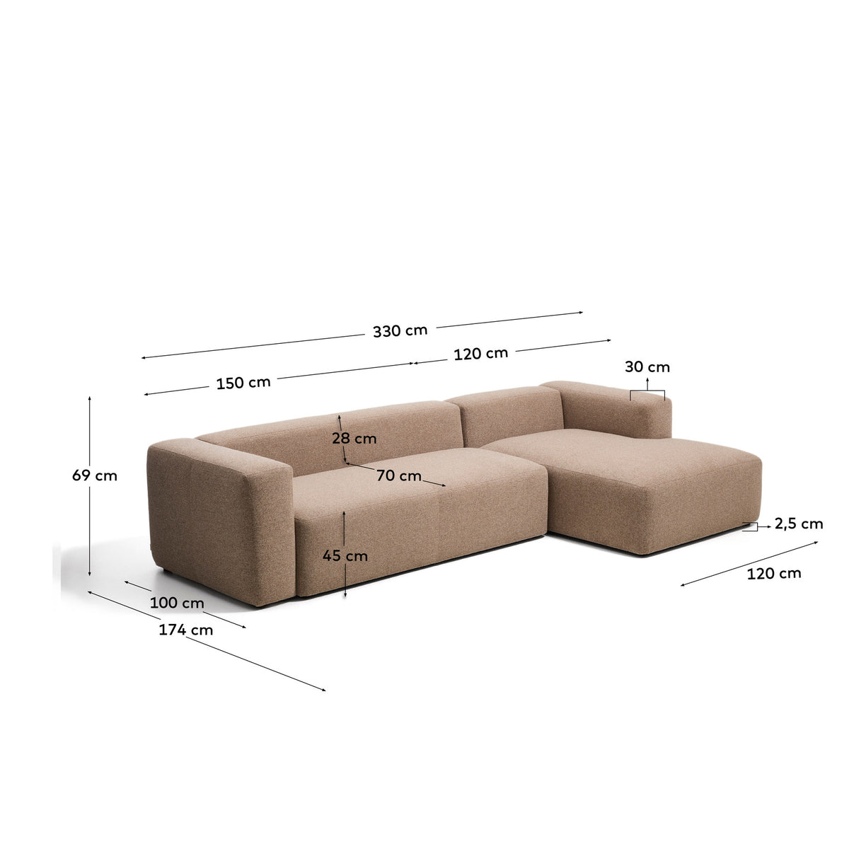 4-Sitzer-Sofa Blok mit Chaiselongue rechts in brauner Chenille, 330 cm, FSC Mix Credit in Taupe präsentiert im Onlineshop von KAQTU Design AG. L-Sofa rechts ist von Kave Home