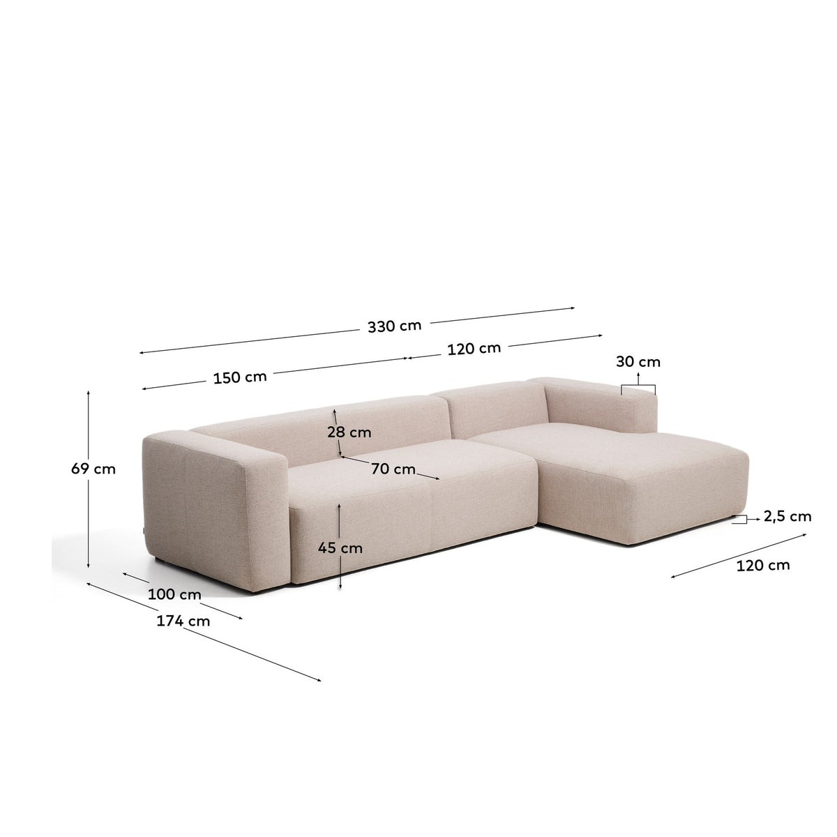 4-Sitzer-Sofa Blok mit Chaiselongue rechts in beiger Chenille, 330 cm, FSC Mix Credit in Beige präsentiert im Onlineshop von KAQTU Design AG. L-Sofa rechts ist von Kave Home