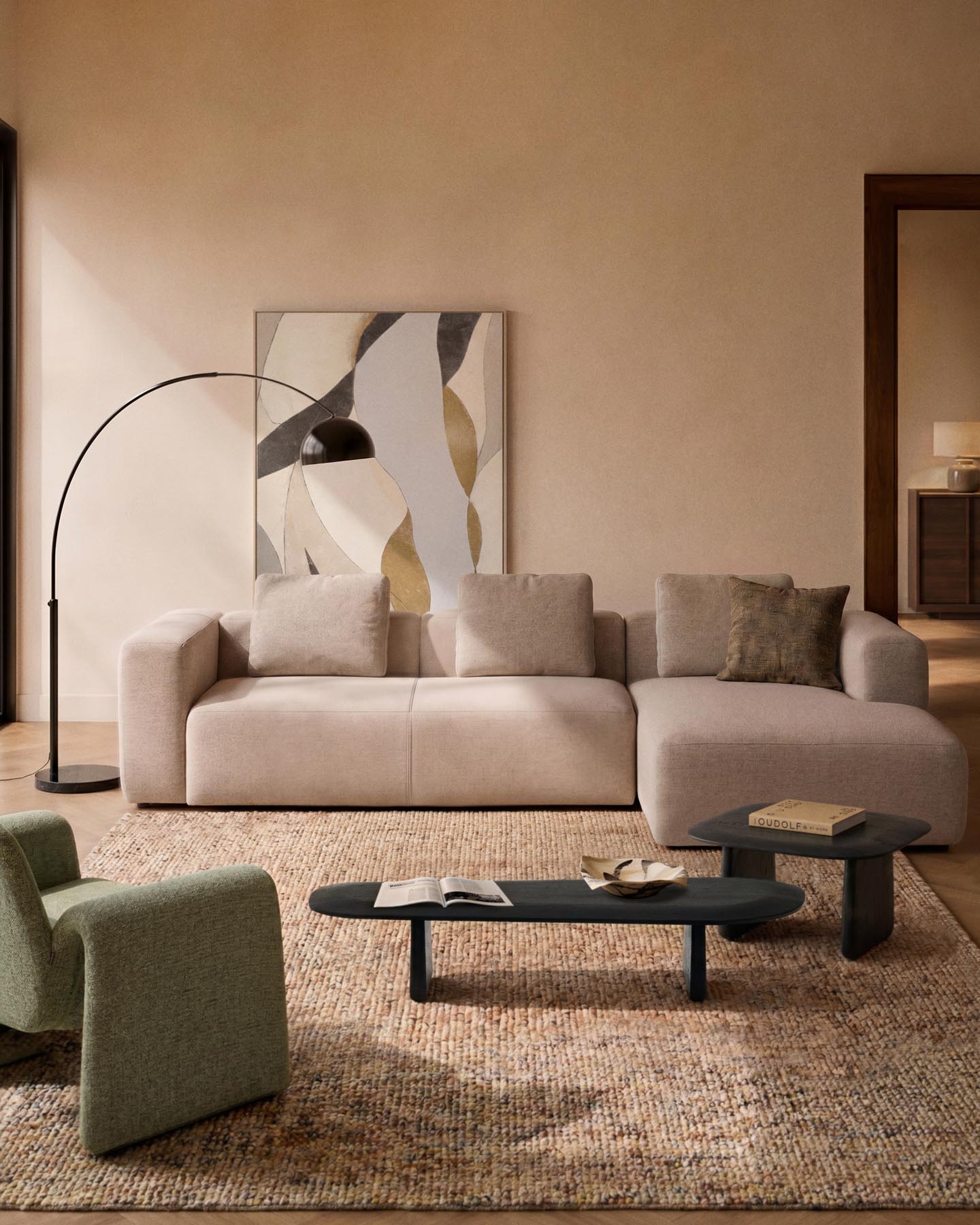 4-Sitzer-Sofa Blok mit Chaiselongue rechts in beiger Chenille, 330 cm, FSC Mix Credit in Beige präsentiert im Onlineshop von KAQTU Design AG. L-Sofa rechts ist von Kave Home