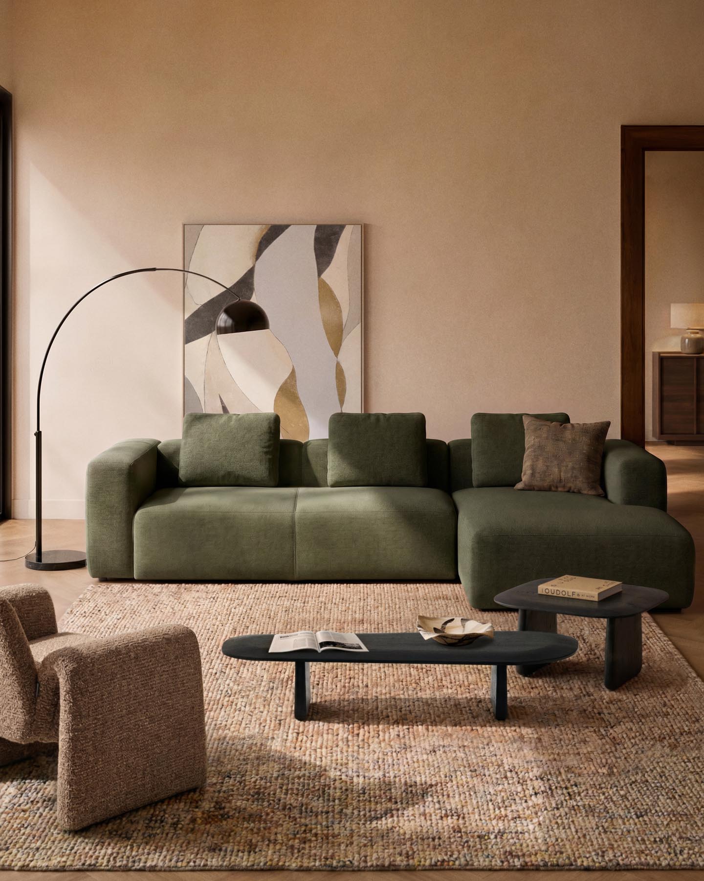 4-Sitzer-Sofa Blok mit Chaiselongue rechts in moosgrüner Chenille, 330 cm, FSC Mix Credit in Grün präsentiert im Onlineshop von KAQTU Design AG. L-Sofa rechts ist von Kave Home