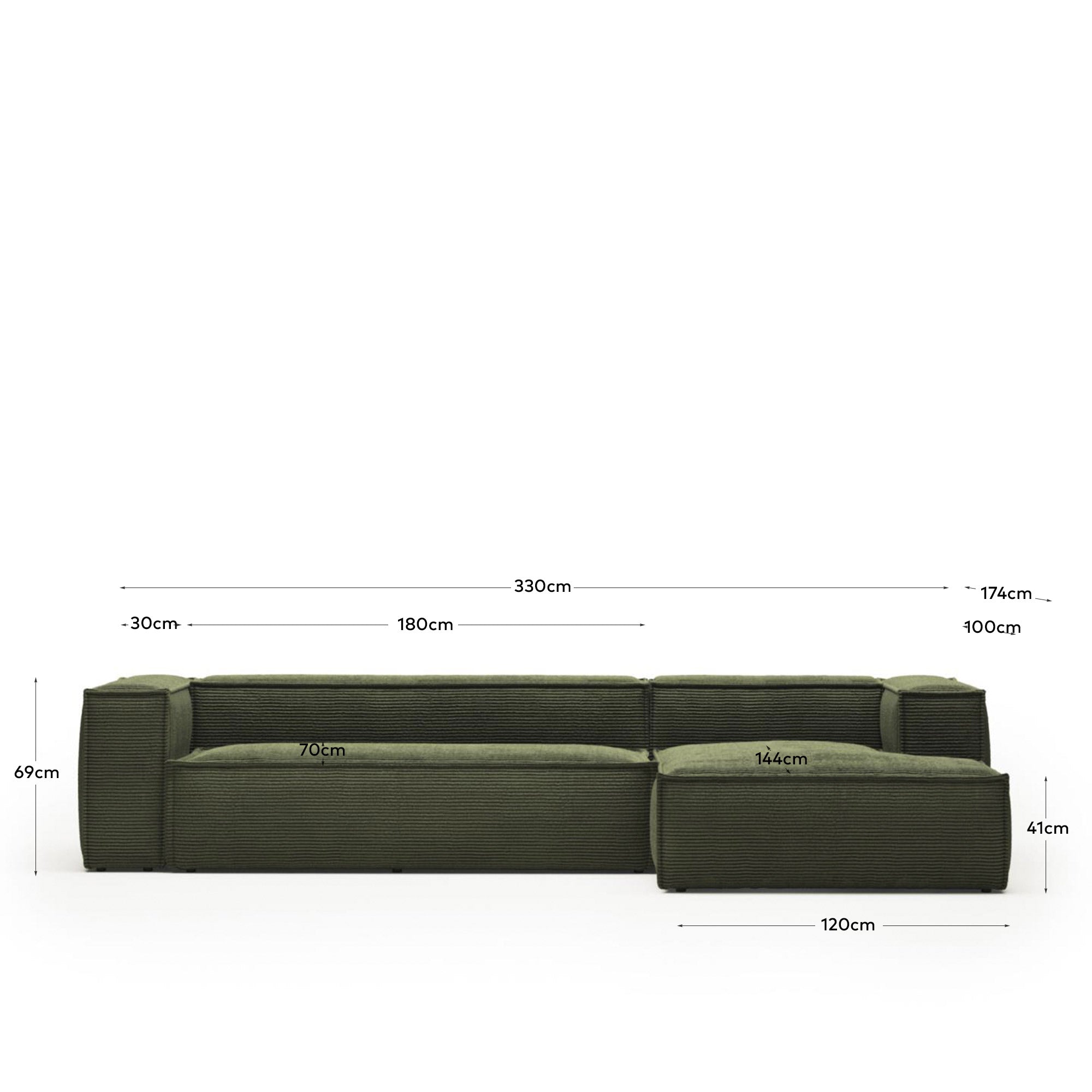 4-Sitzer-Sofa Blok mit Chaiselongue rechts, schwer entflammbar mit dickem, grünen Cord, 330 cm, FSC Mix Credit in Grün präsentiert im Onlineshop von KAQTU Design AG. 4er Sofa ist von Kave Home