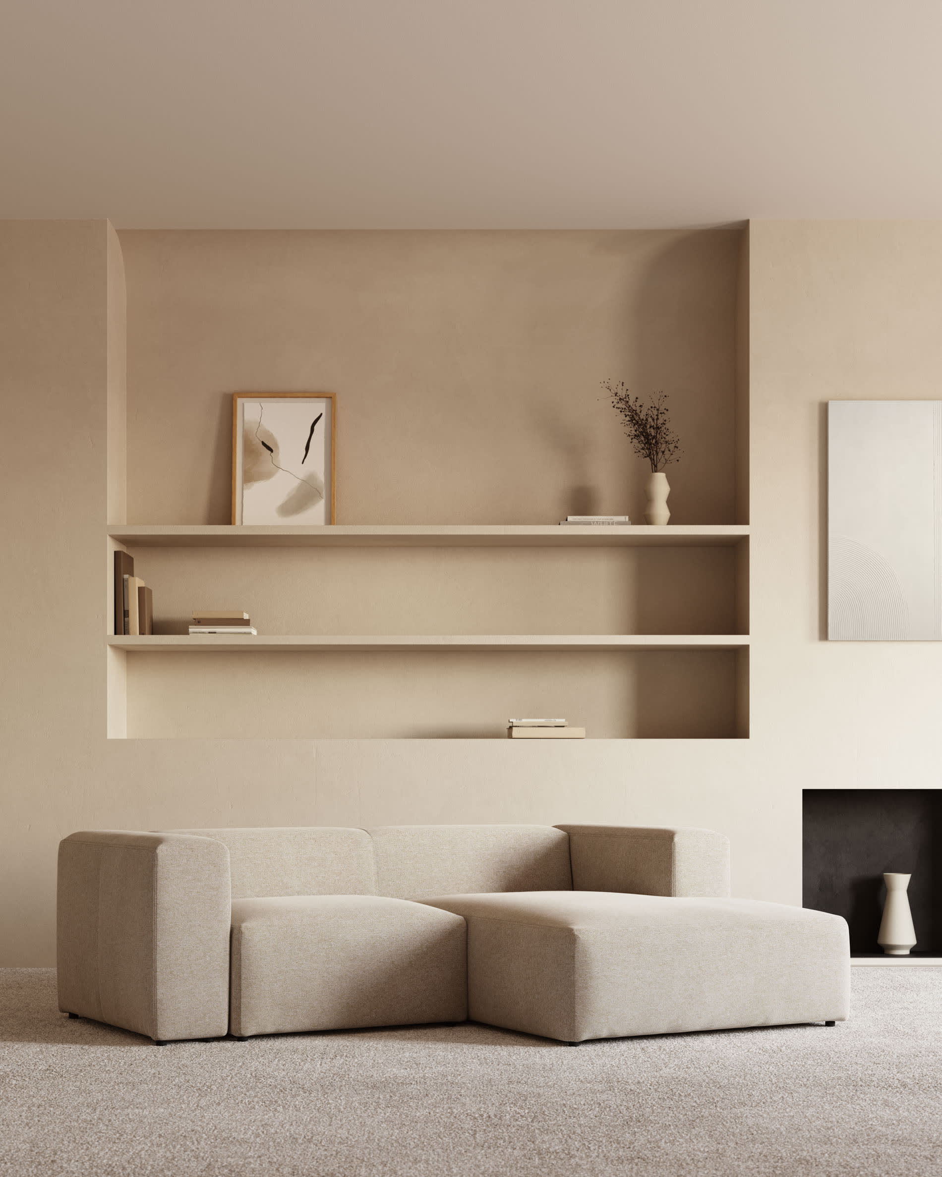 2-Sitzer-Sofa Blok mit beiger Chenille und Chaiselongue rechts 240 cm FSC Mix Credit