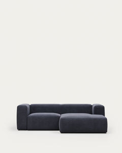 2-Sitzer-Sofa Blok mit Chaiselongue rechts, schwer entflammbar mit blauer Chenille, 240 cm