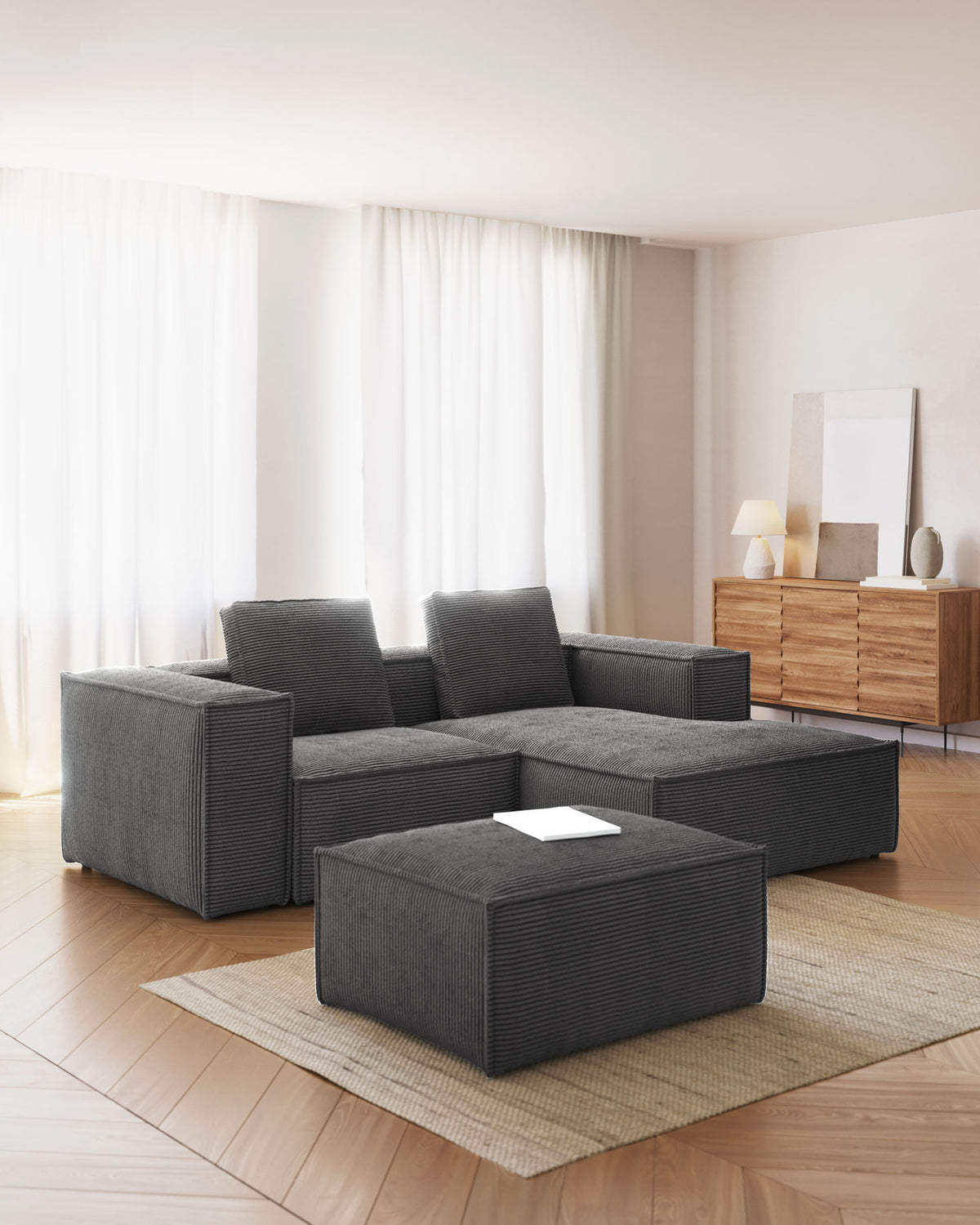 2-Sitzer-Sofa Blok mit dickem, grauen Cord und Chaiselongue rechts 240 cm FSC Mix Credit in Grau präsentiert im Onlineshop von KAQTU Design AG. L-Sofa rechts ist von Kave Home