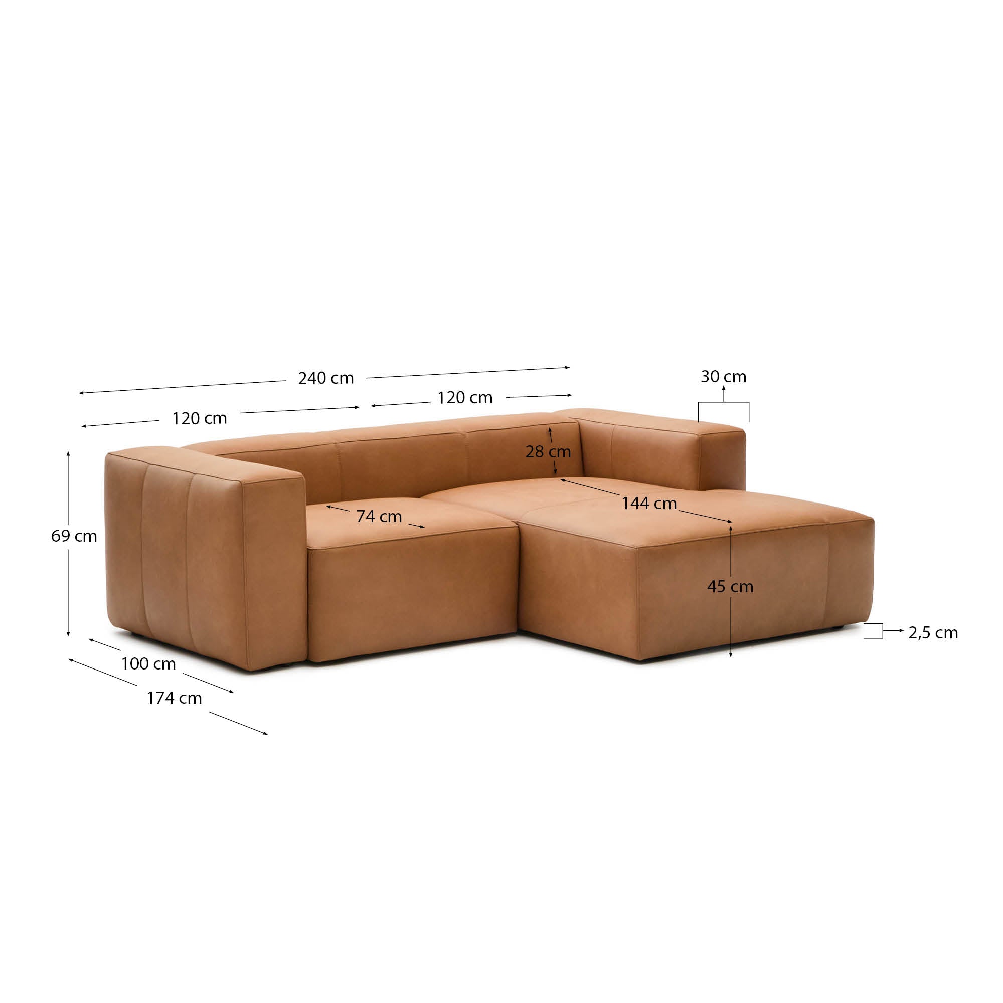 Sofa Blok aus braunem Leder 2-Sitzer Chaiselongue rechts 240 cm in Braun präsentiert im Onlineshop von KAQTU Design AG. 2er Sofa ist von Kave Home