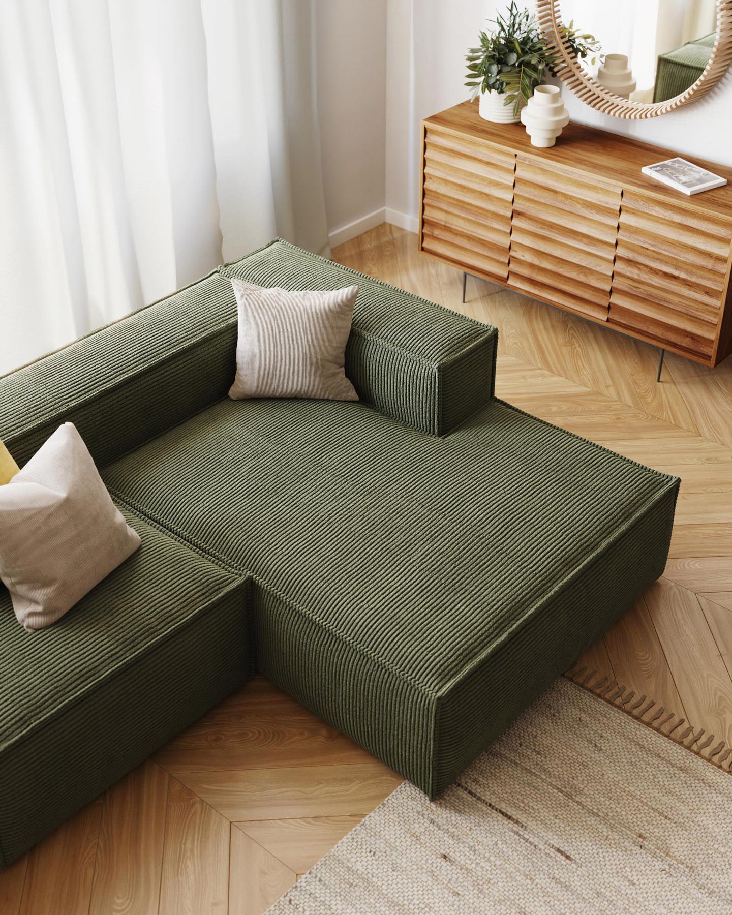 2-Sitzer-Sofa Blok mit Chaiselongue rechts, schwer entflammbar mit dickem, grünen Cord, 240 cm, FSC Mix Credit in Grün präsentiert im Onlineshop von KAQTU Design AG. 2er Sofa ist von Kave Home