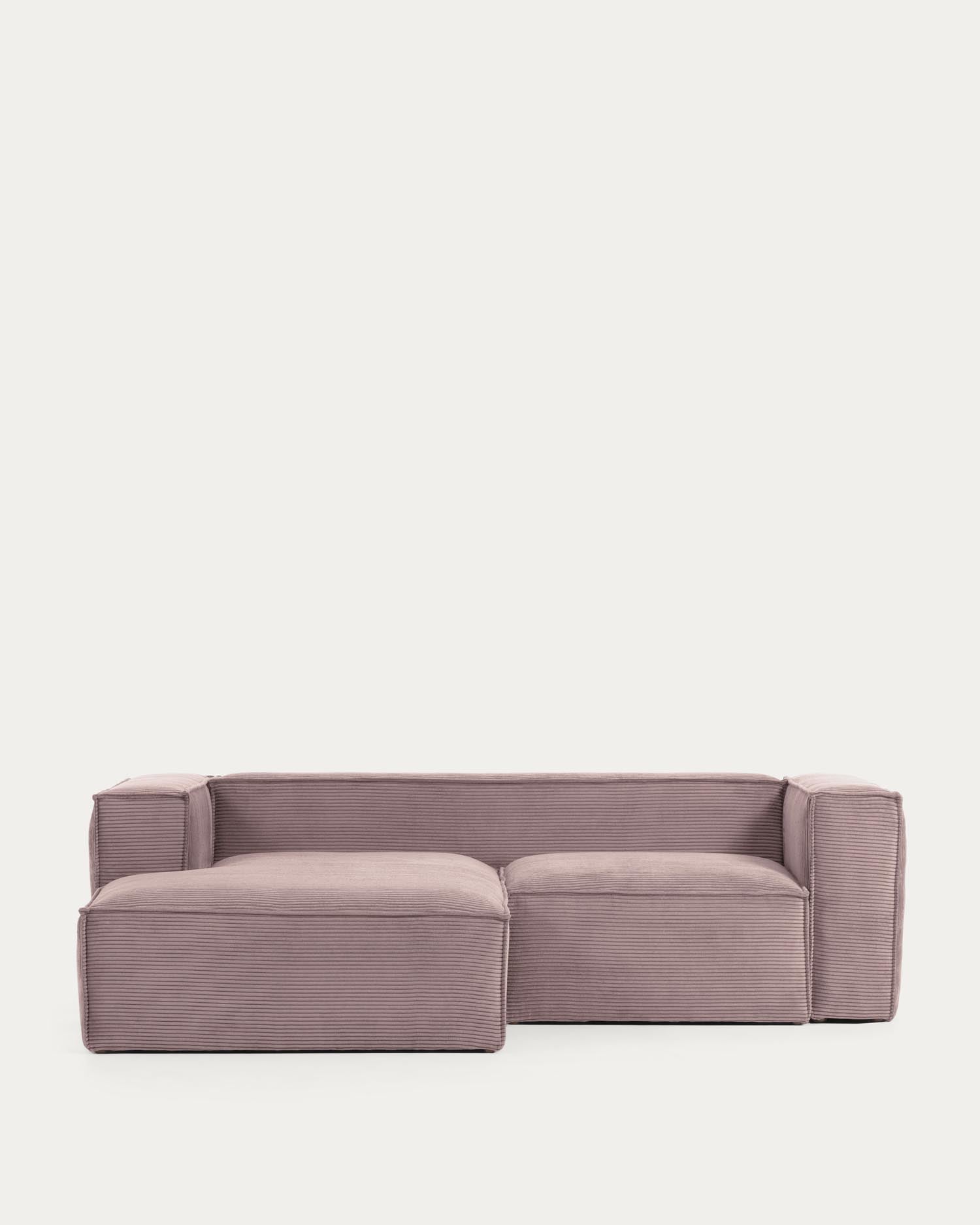 Canapé 2 places Blok avec méridienne à gauche, large velours côtelé rose, 240 cm