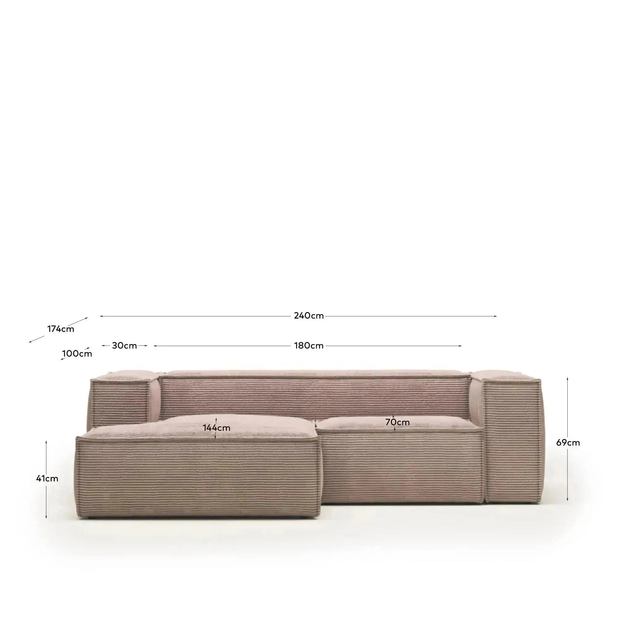 Elegantes 2-Sitzer-Sofa mit linker Chaiselongue, rosa Cordbezug, 240 cm breit, von Kave Home – modern und gemütlich.