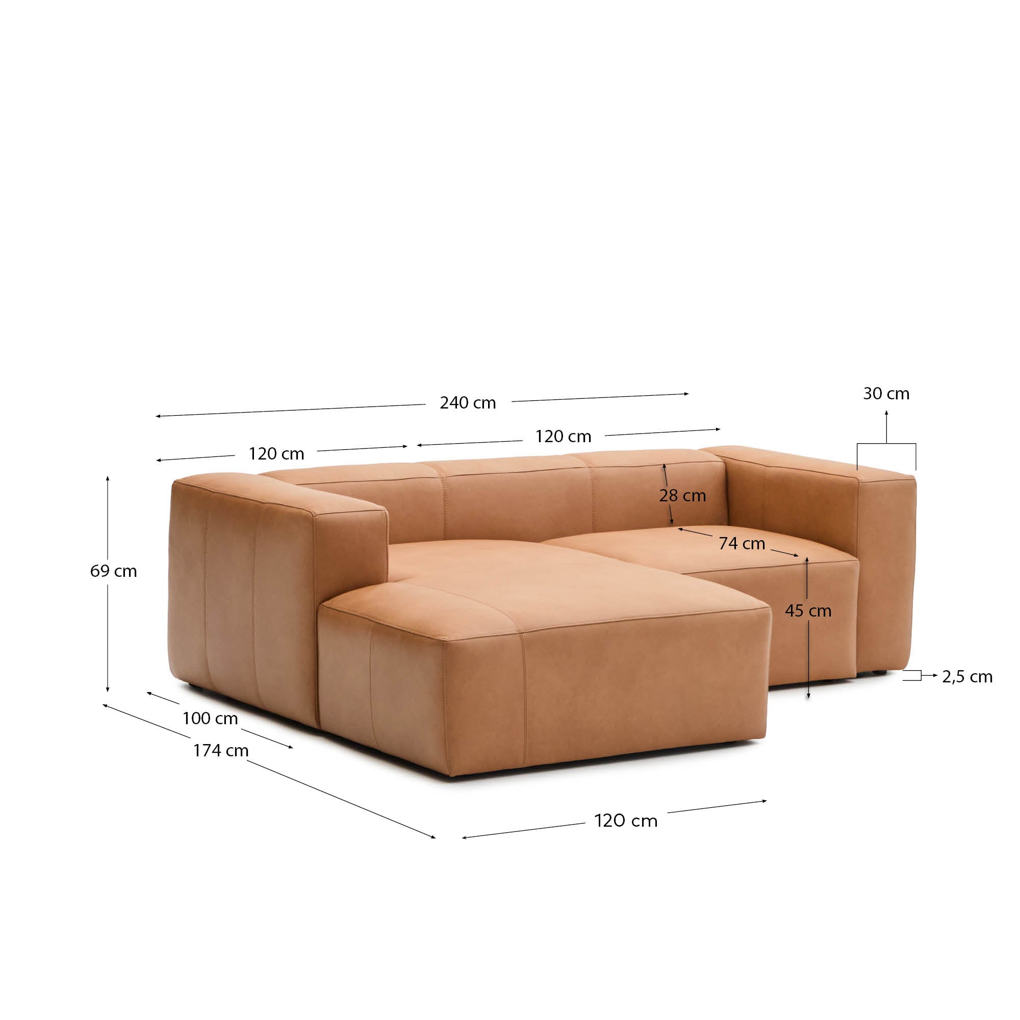 Sofa Blok aus braunem Leder 2-Sitzer Chaiselongue links 240 cm in Braun präsentiert im Onlineshop von KAQTU Design AG. 2er Sofa ist von Kave Home