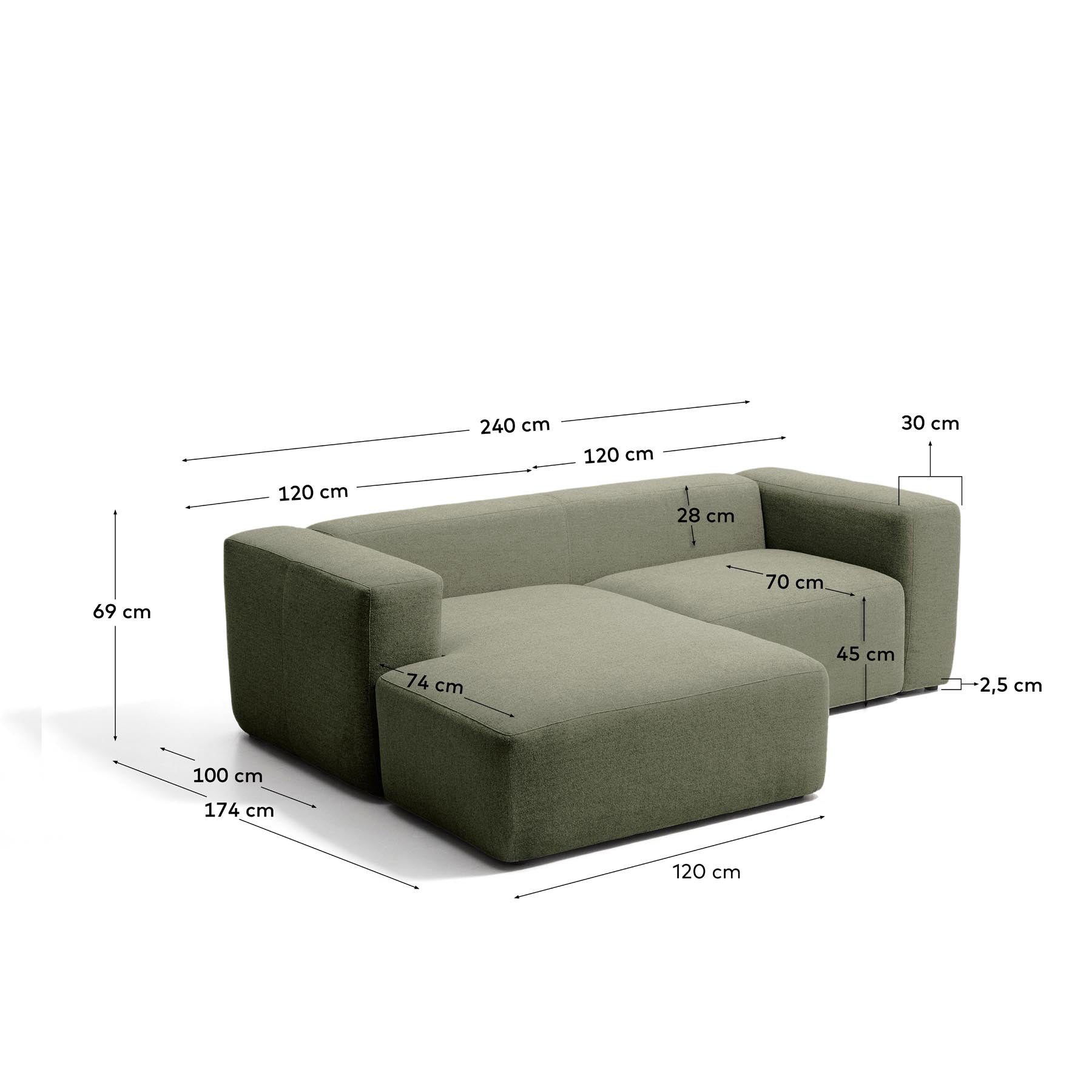 2-Sitzer-Sofa Blok mit Chaiselongue links in moosgrüner Chenille, 240 cm, FSC Mix Credit in Grün präsentiert im Onlineshop von KAQTU Design AG. L-Sofa links ist von Kave Home