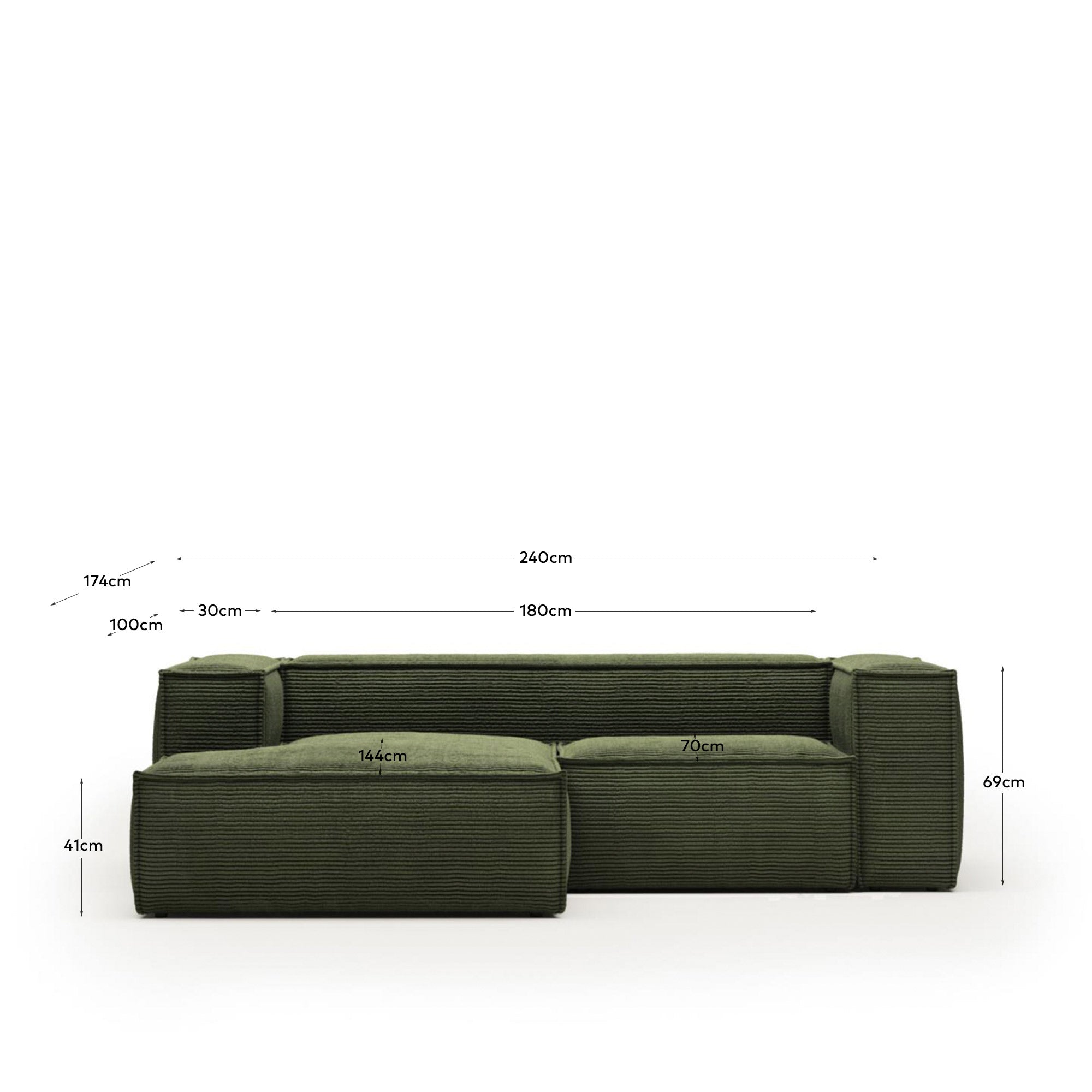 2-Sitzer-Sofa Blok mit Chaiselongue links, schwer entflammbar mit dickem, grünen Cord, 240 cm, FSC Mix Credit in Grün präsentiert im Onlineshop von KAQTU Design AG. 2er Sofa ist von Kave Home