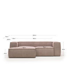 <tc><tc>Blok</tc></tc> 2-seater sofa with chaise longue on the left, flame retardant with thick pink cor