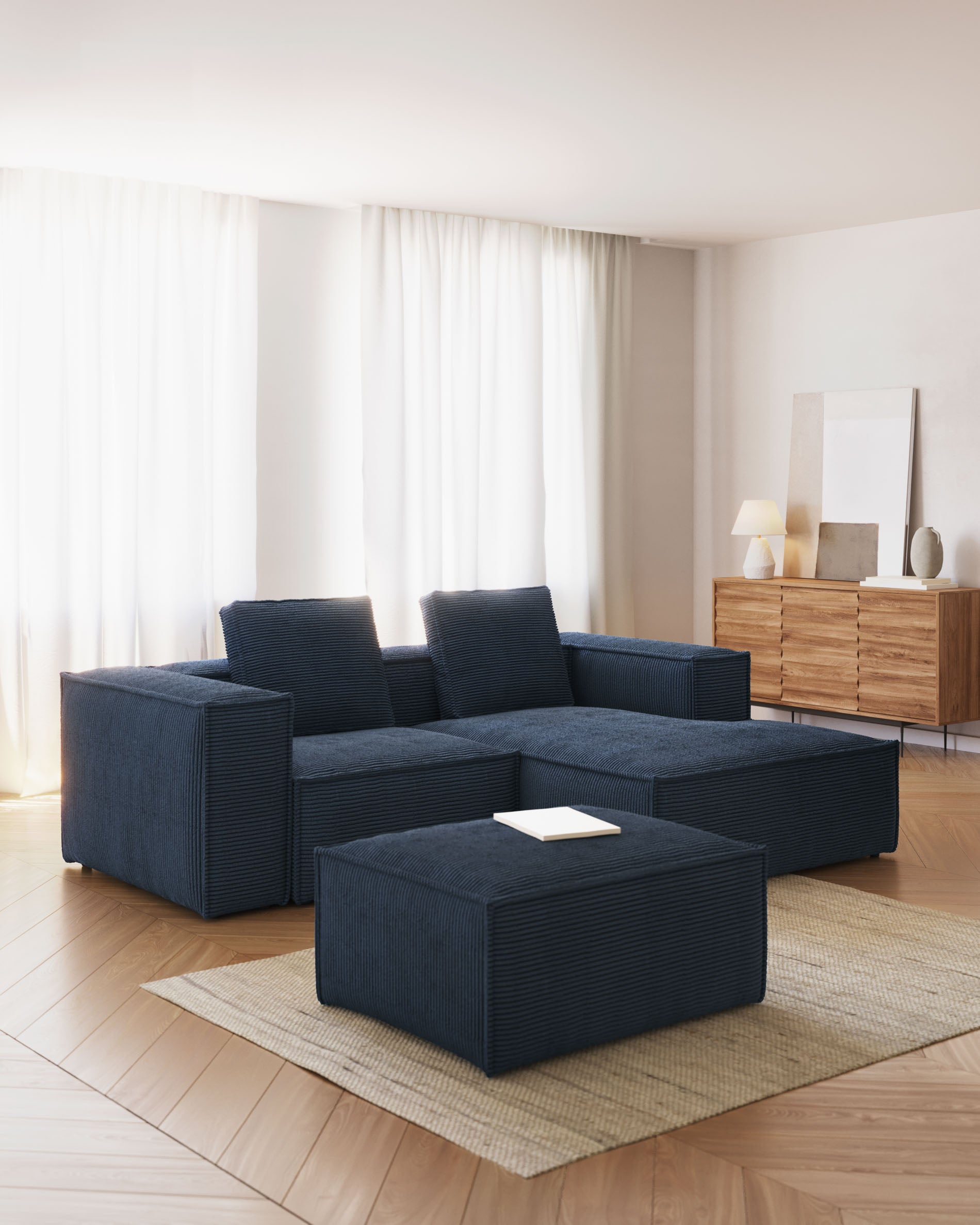 Fussablage Blok, schwer entflammbar mit dickem Cord in Blau, 90 x 74 cm, FSC Mix Credit FR in Blau präsentiert im Onlineshop von KAQTU Design AG. Pouf ist von Kave Home