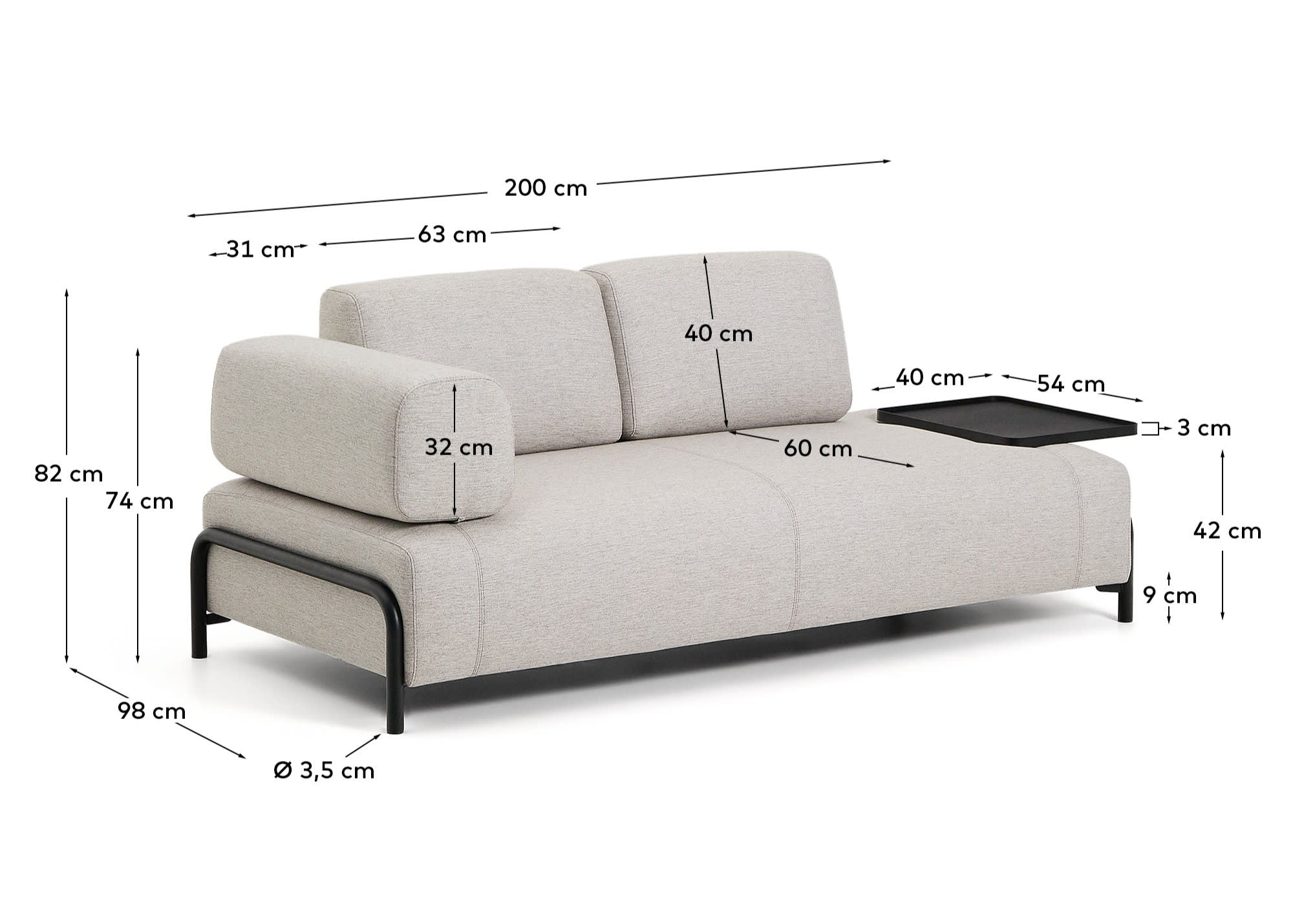 2-Sitzer-Sofa Compo in Graubeige mit großem Tablett und schwarzem Metallgestell 200 cm FSC in Beige präsentiert im Onlineshop von KAQTU Design AG. 2er Sofa ist von Kave Home