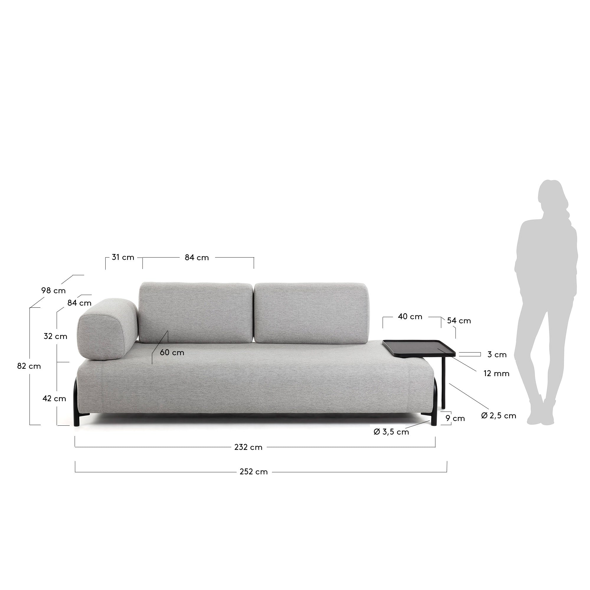 Modernes 3-Sitzer Sofa in Beige-Grau, 252 cm, von Kave Home, mit integriertem Tablett für stilvollen Komfort und Funktionalität.
