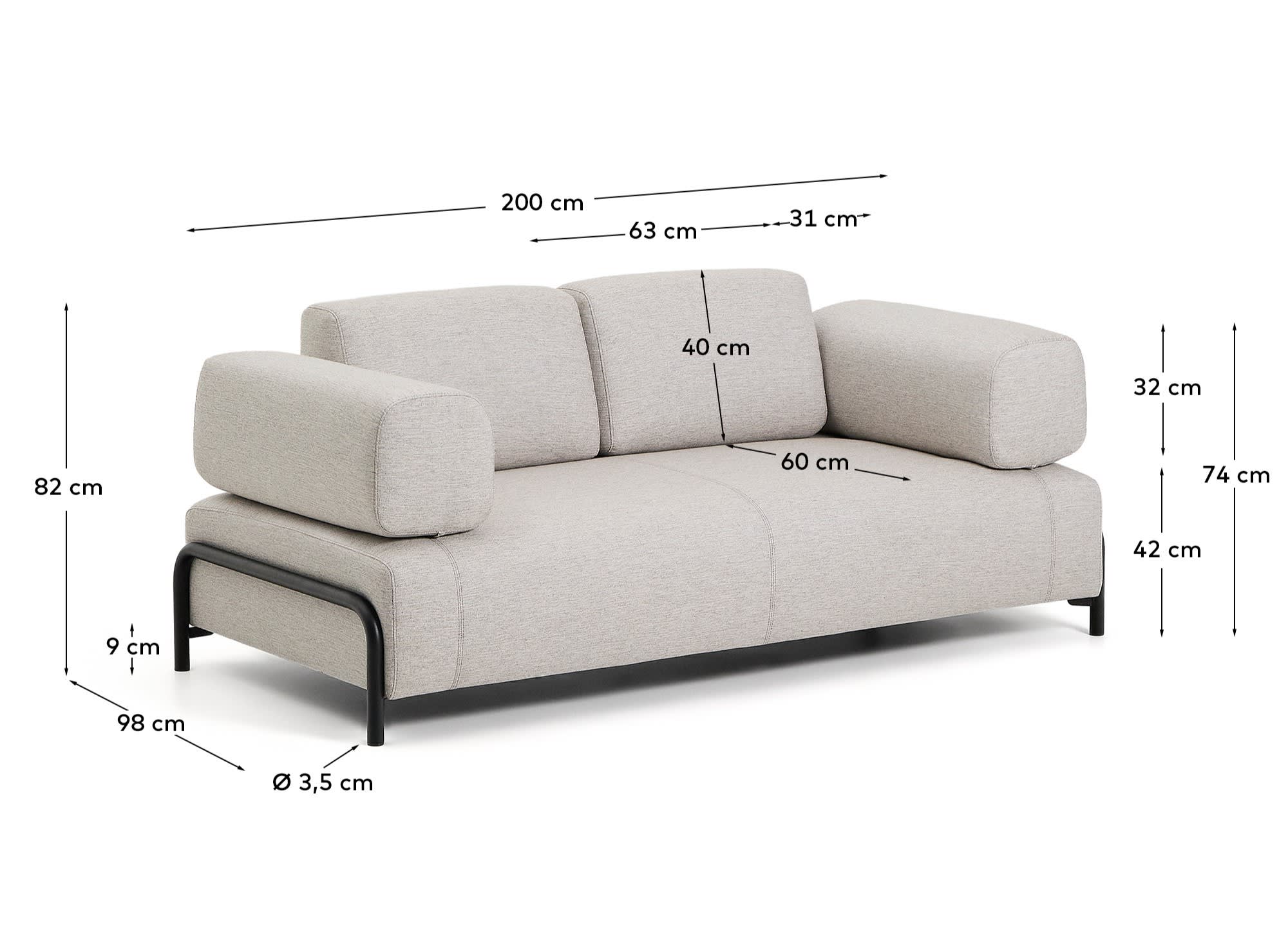 2-Sitzer-Sofa Compo in Graubeige mit schwarzem Metallgestell 200 cm FSC Mix Credit in Beige präsentiert im Onlineshop von KAQTU Design AG. 2er Sofa ist von Kave Home