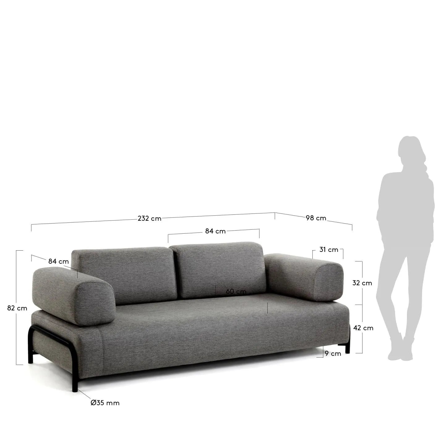 Das Kave Home Compo 3-Sitzer Sofa in Dunkelgrau (232 cm) kombiniert stilvolles Design mit hohem Komfort für Ihr Wohnzimmer.