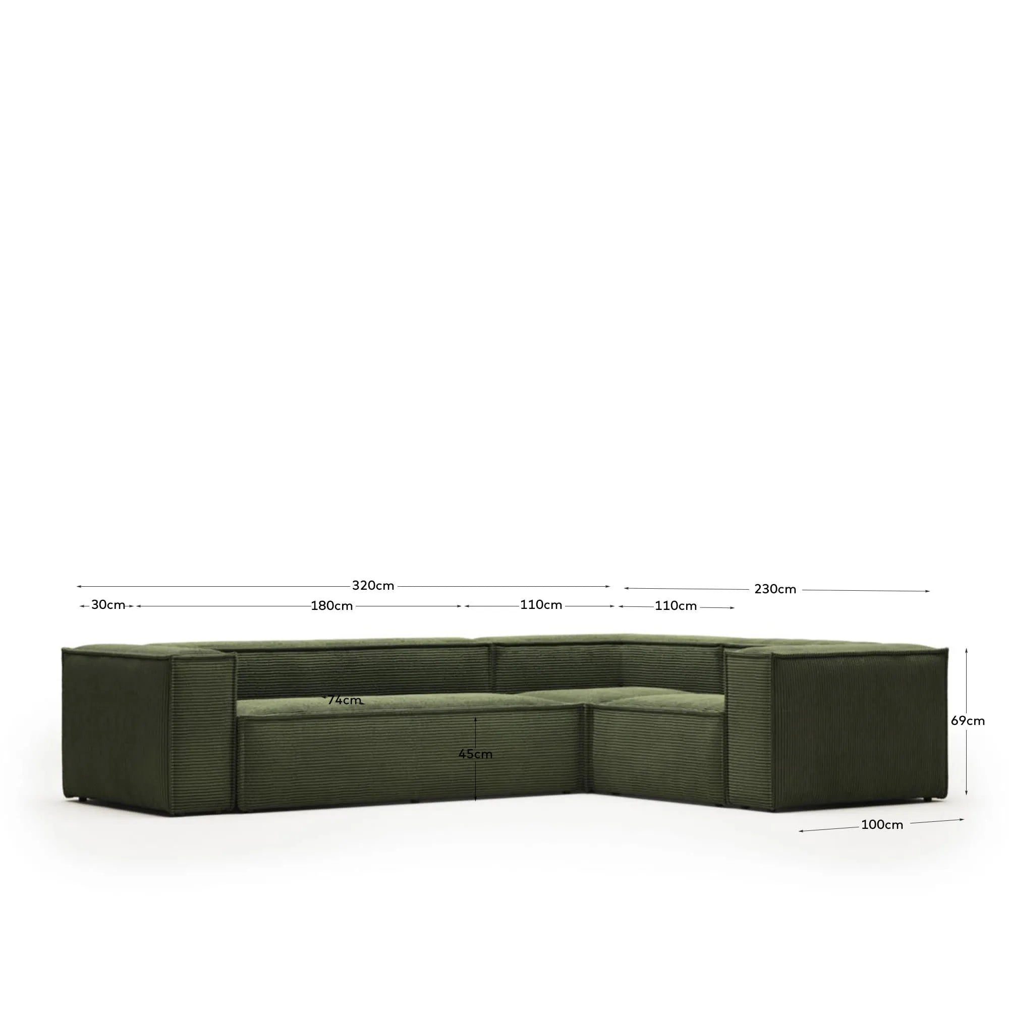 Elegantes Ecksofa in grünem Cord, 320x230 cm, bietet Komfort und Stil für Ihr Wohnzimmer. Modulares Design für flexible Anpassung.