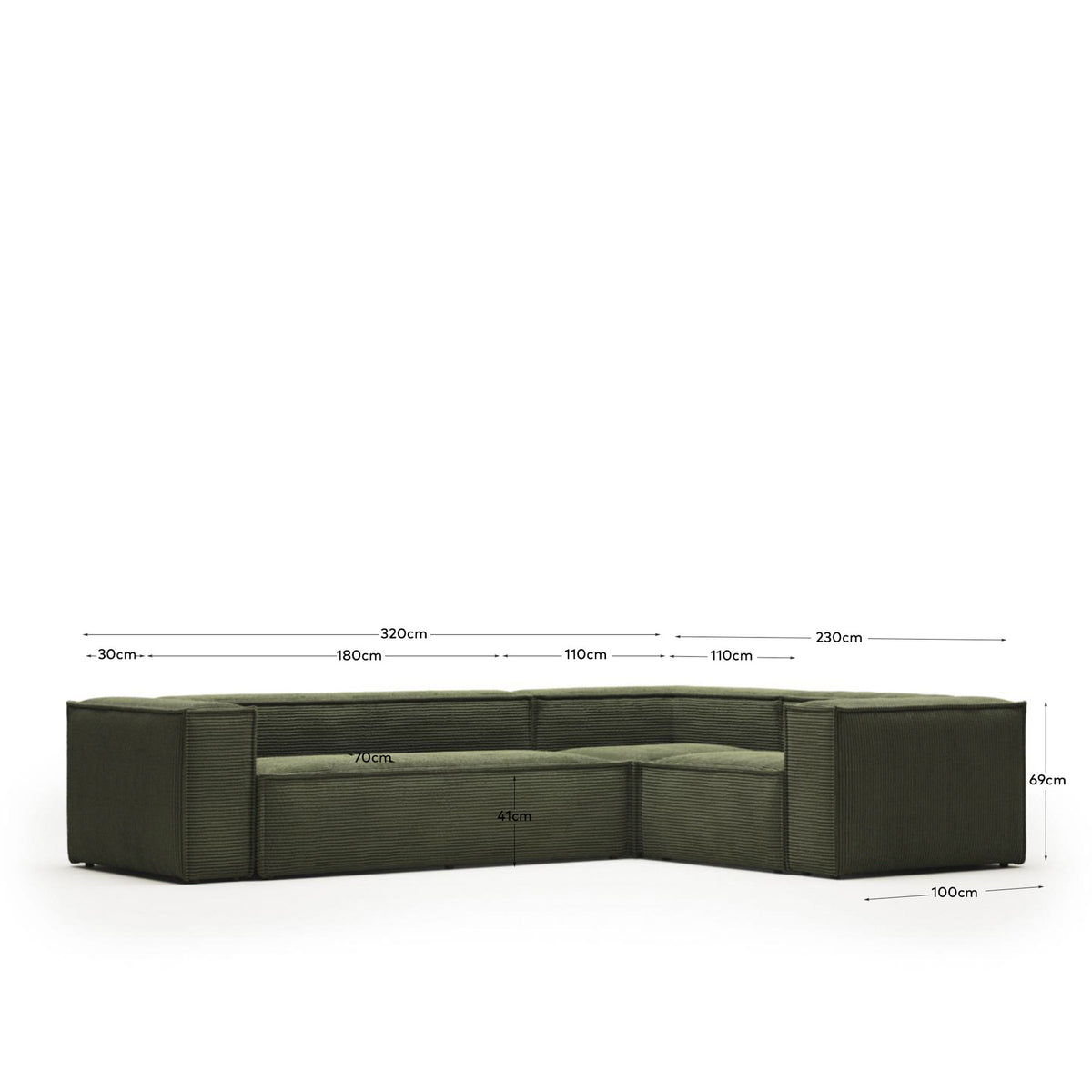 4-Sitzer-Ecksofa Blok, schwer entflammbar mit dickem, grünem Cord, 320 x 230 cm / 230 x 320 cm, FSC Mix Credit in Grün präsentiert im Onlineshop von KAQTU Design AG. Ecksofa ist von Kave Home