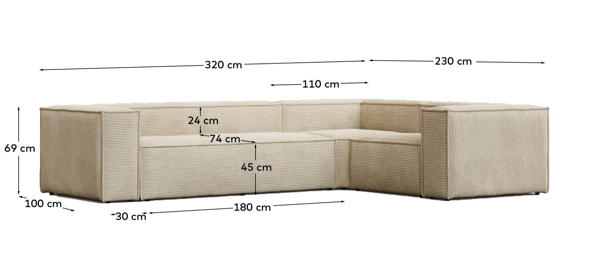 4-Sitzer-Ecksofa Blok schwer entflammbar mit dickem Cord in Ecru 320 x 230 cm / 230 x 320 cm FSC Mix Credit in Ecru präsentiert im Onlineshop von KAQTU Design AG. Ecksofa ist von Kave Home