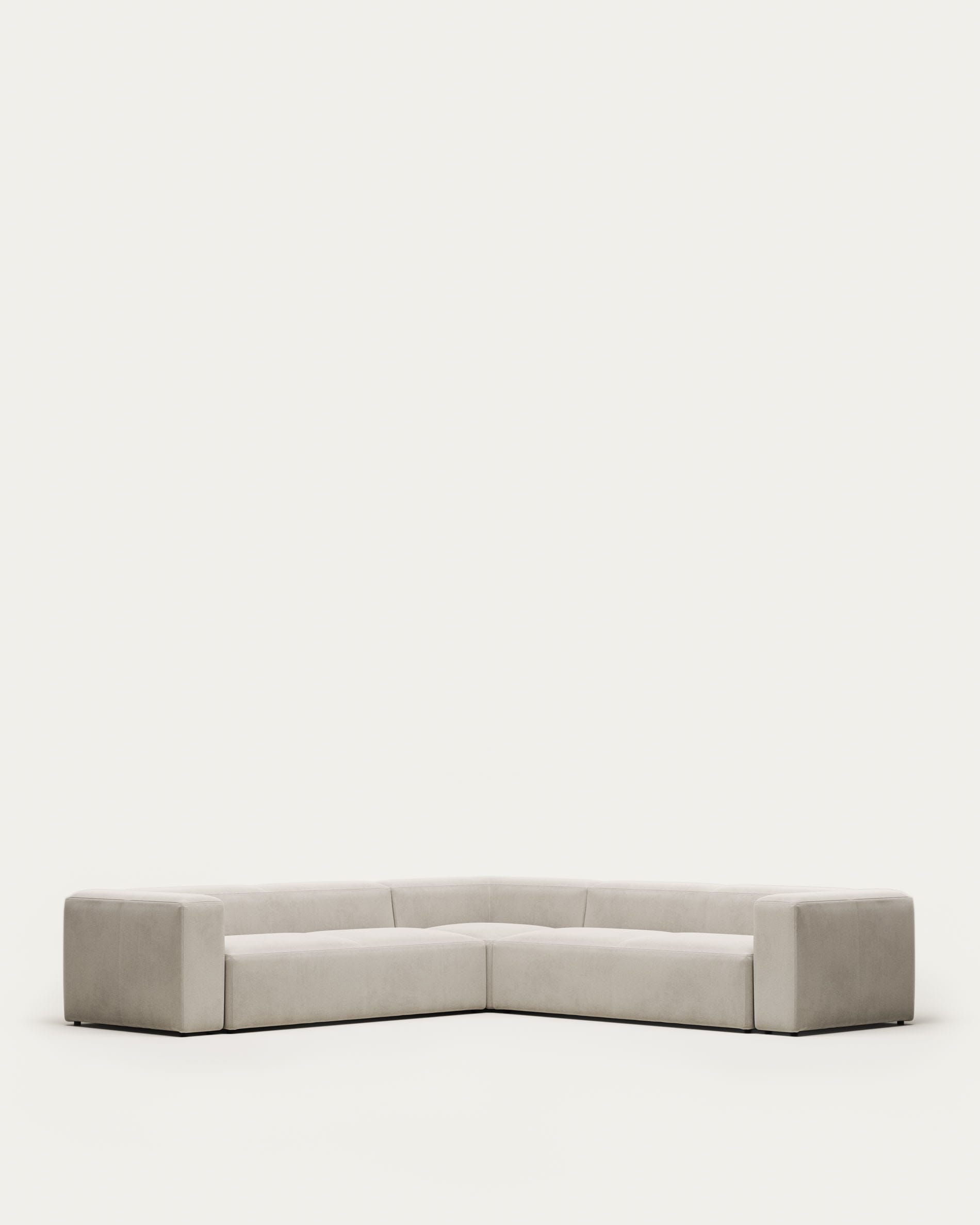 3D-Modell eines eleganten, beigen 6-Sitzer Ecksofas, 320x320 cm, FSC-zertifiziert, modern und komfortabel.