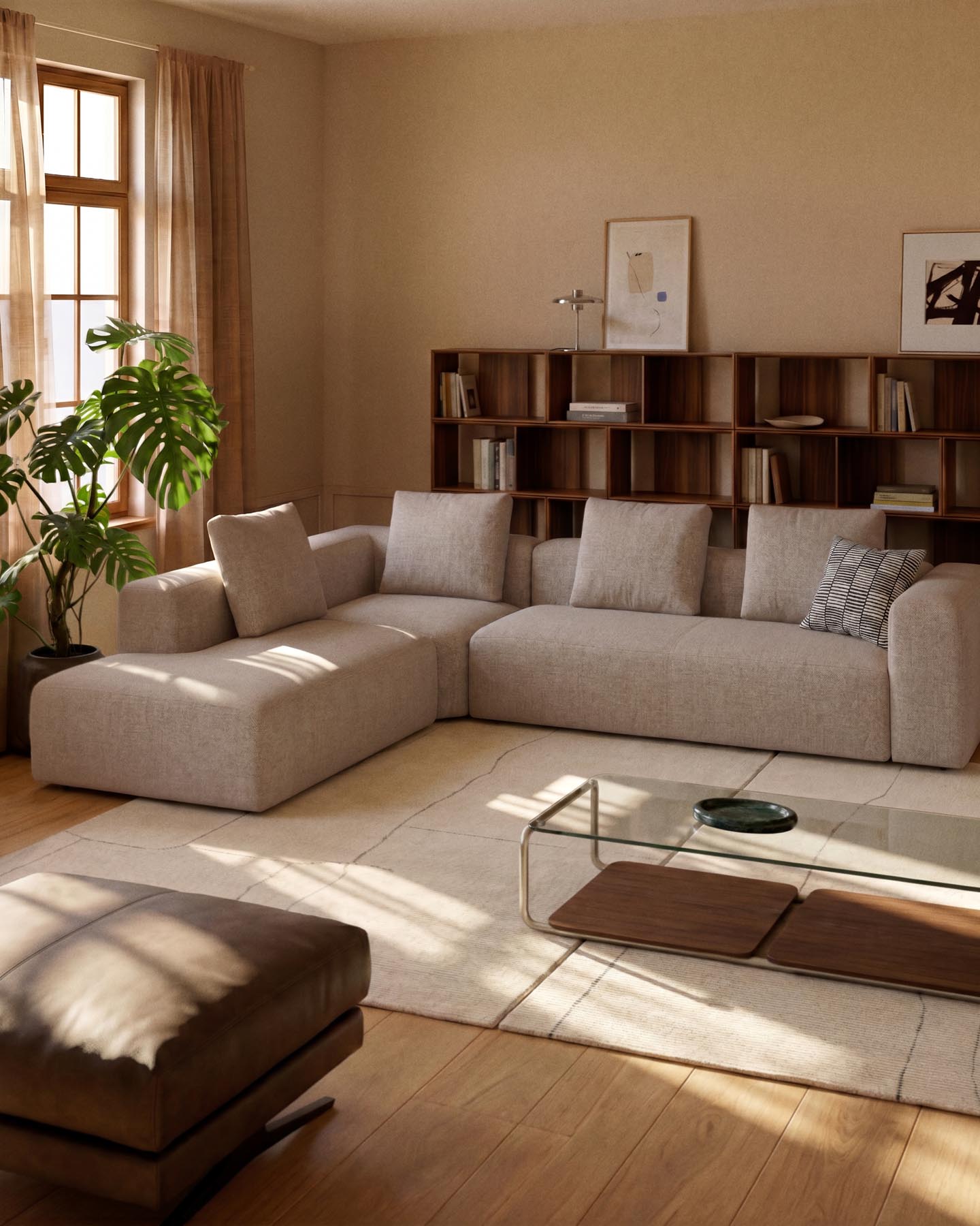 5-Sitzer-Ecksofa Blok mit Randmodul links in beiger Chenille, 320 x 255 cm, FSC Mix Credit in Beige präsentiert im Onlineshop von KAQTU Design AG. L-Sofa links ist von Kave Home