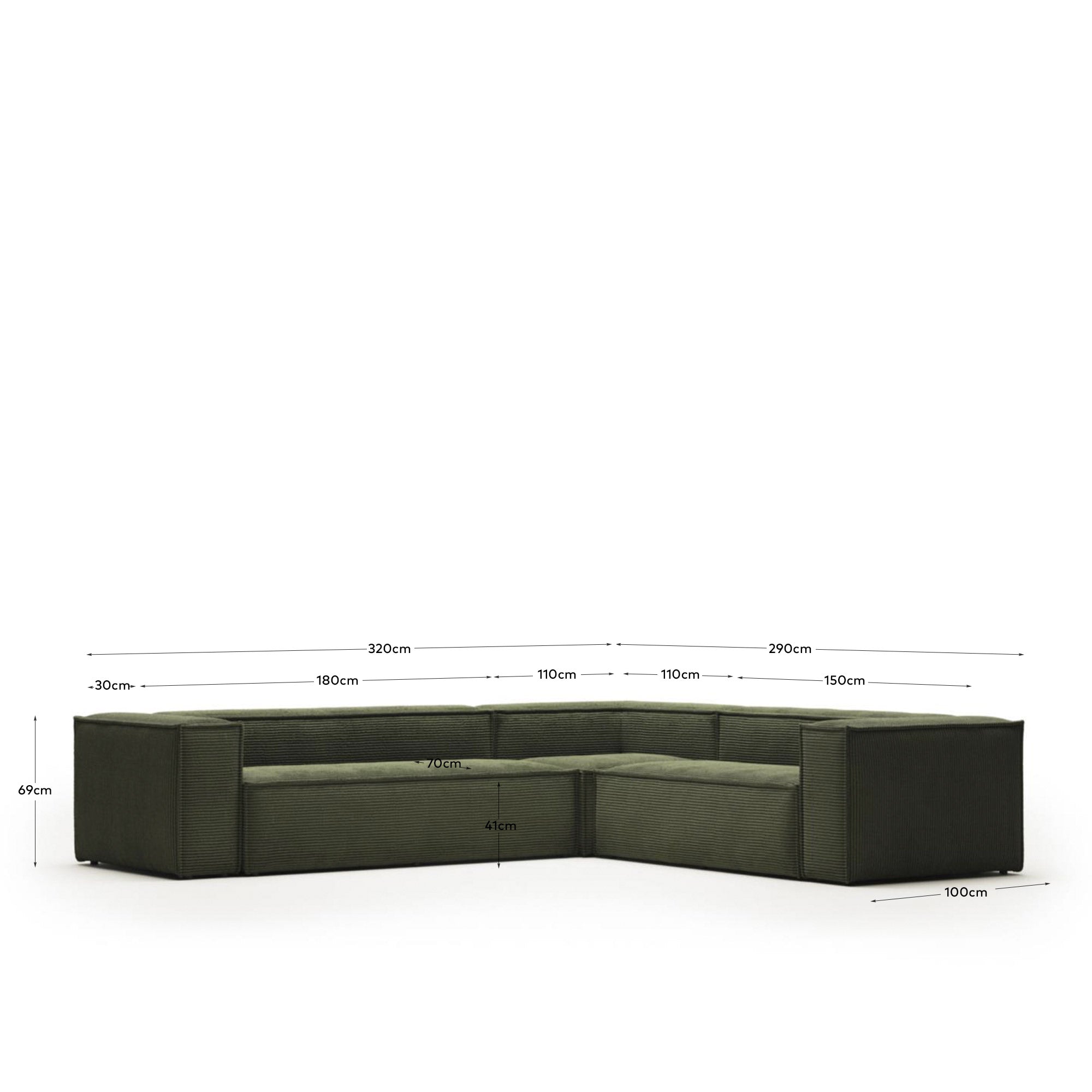 5-Sitzer-Ecksofa Blok, schwer entflammbar mit dickem, grünem Cord, 320 x 290 cm / 290 x 320 cm, FSC Mix Credit in Grün präsentiert im Onlineshop von KAQTU Design AG. Ecksofa ist von Kave Home