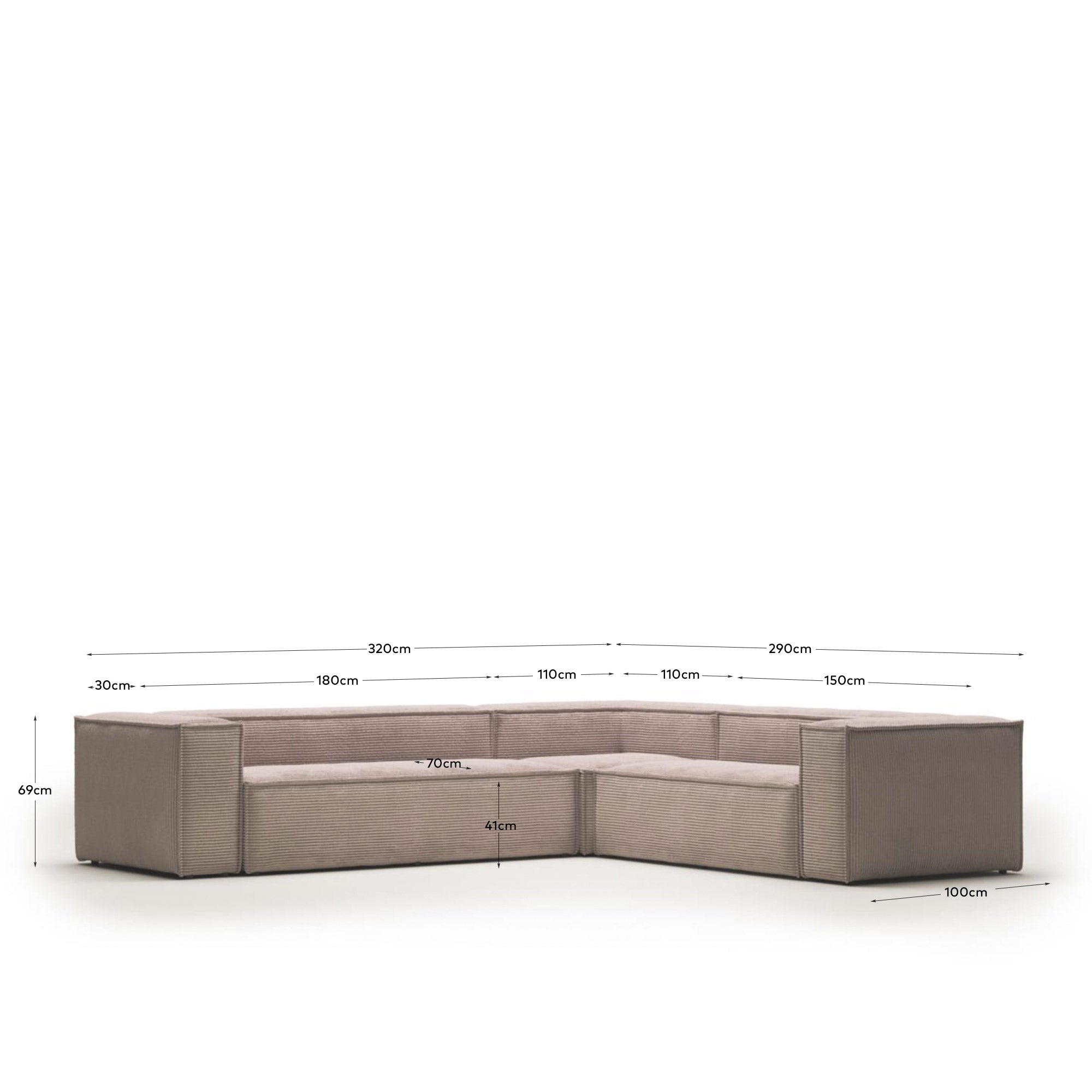 Blok 5-Sitzer-Ecksofa breiter Cord in Rosa 320 x 290 / 290 x 320 cm FR in Rosa präsentiert im Onlineshop von KAQTU Design AG. Ecksofa ist von Kave Home