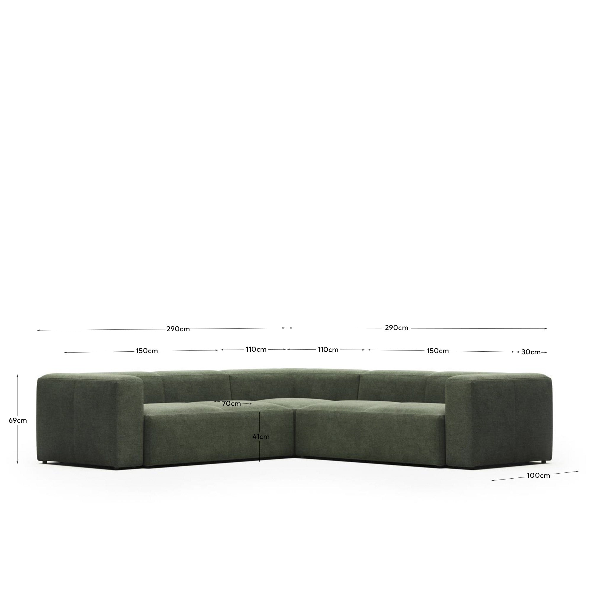 4-Sitzer-Ecksofa Blok, schwer entflammbar mit grüner Chenille, 290 x 290 cm in Grün präsentiert im Onlineshop von KAQTU Design AG. Ecksofa ist von Kave Home