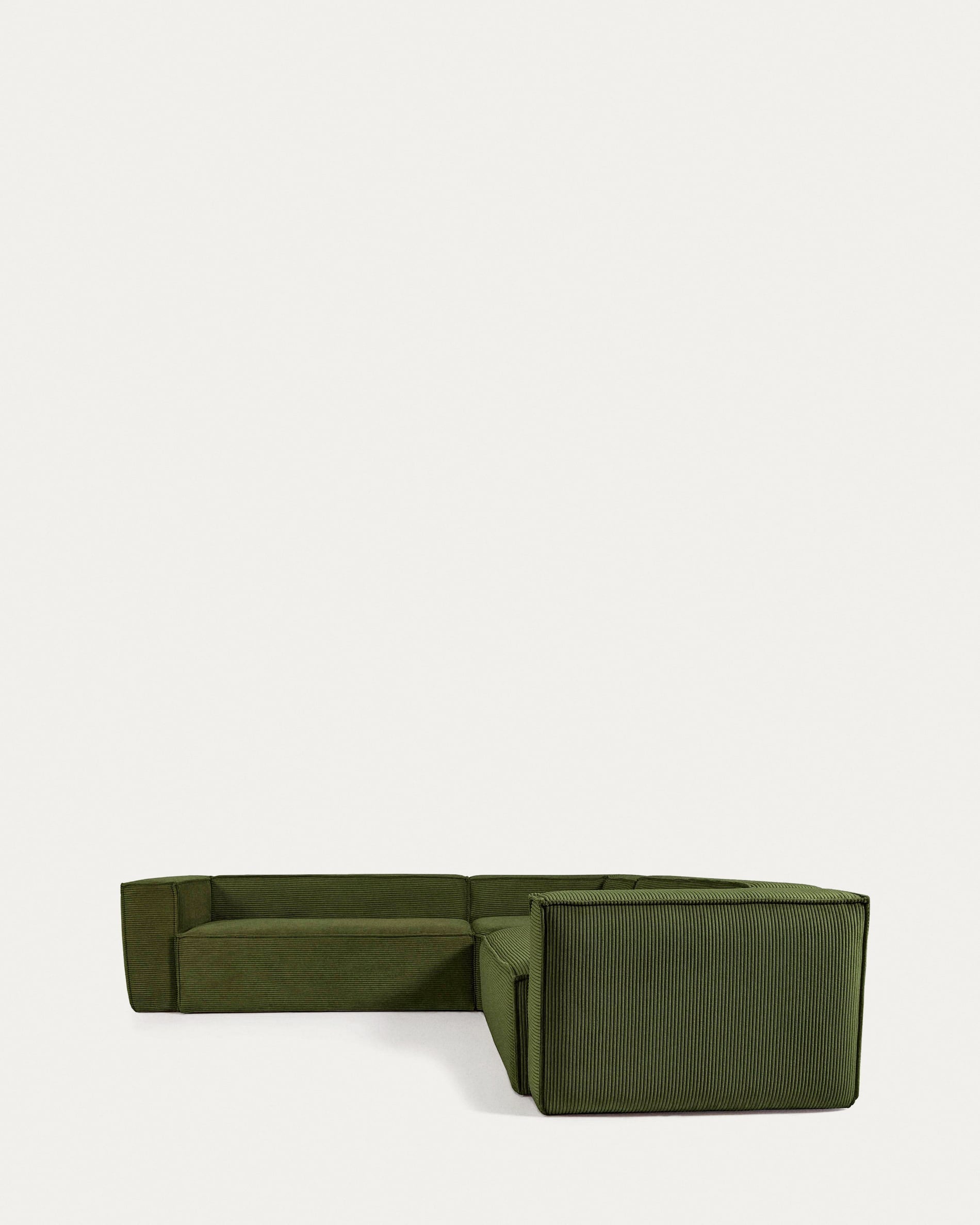 Modernes Ecksofa Blok, 4-Sitzer, in grünem Cord, 290x290 cm, FSC-zertifiziert, stilvoll und komfortabel.