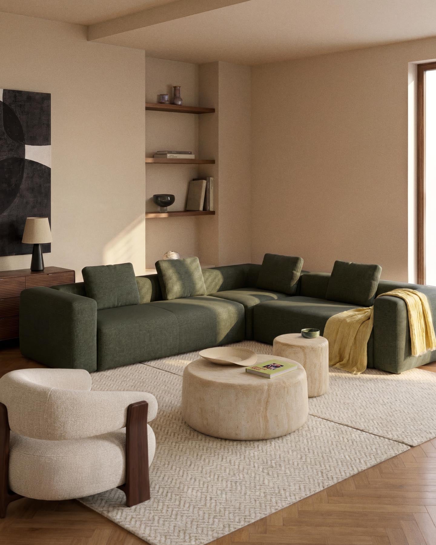 4-Sitzer-Ecksofa Blok in moosgrüner Chenille, 290 x 290 cm, FSC Mix Credit in Grün präsentiert im Onlineshop von KAQTU Design AG. Ecksofa ist von Kave Home