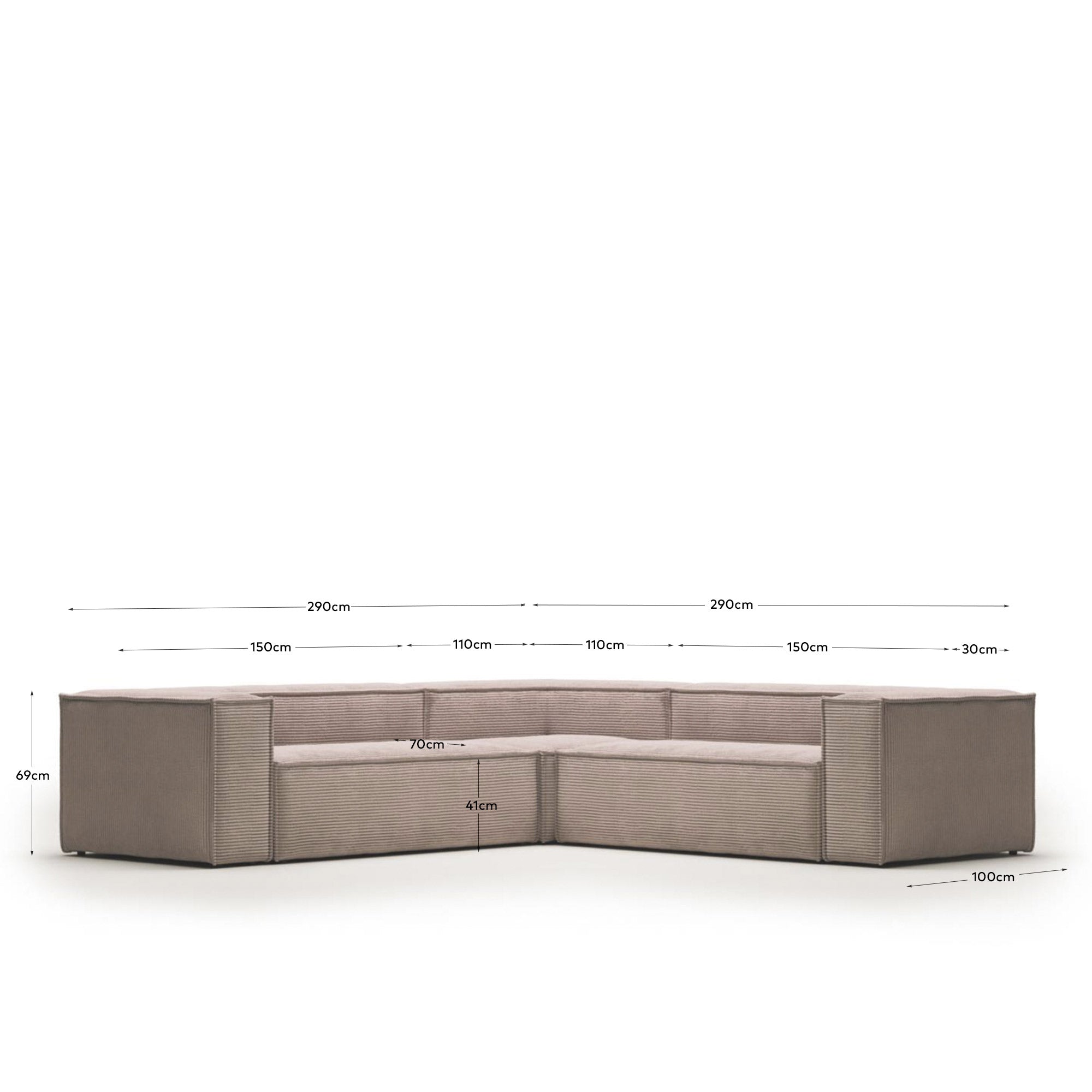 4-Sitzer-Ecksofa Blok, schwer entflammbar mit dickem, rosafarbenem Cord, 290 x 290 cm, FSC Mix Credit in Rosa präsentiert im Onlineshop von KAQTU Design AG. Ecksofa ist von Kave Home
