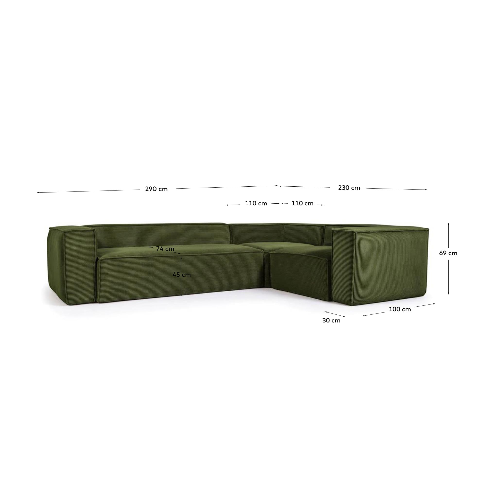 Ecksofa 3-Sitzer in grünem Cord, 290x230 cm, FSC-zertifiziert, modern und nachhaltig, von Kave Home.
