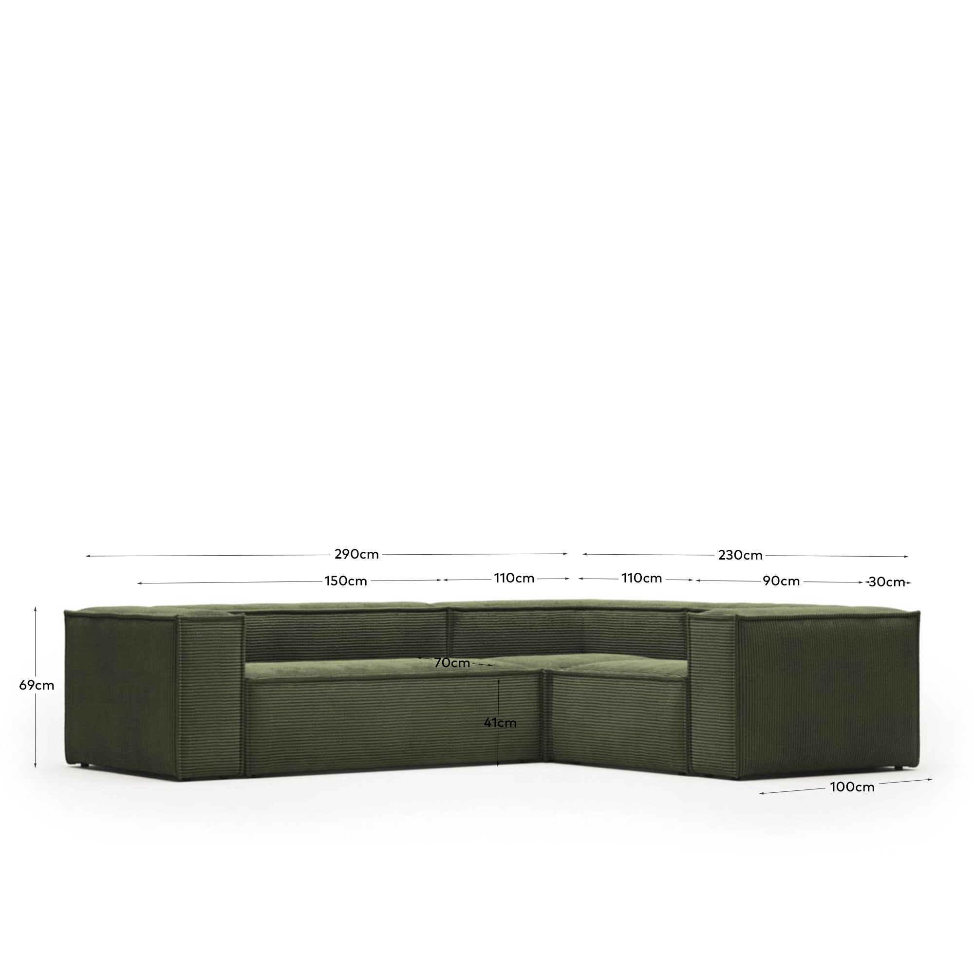 3-Sitzer-Ecksofa Blok, schwer entflammbar mit dickem, grünem Cord, 290 x 230 cm / 230 x 290 cm, FSC Mix Credit in Grün präsentiert im Onlineshop von KAQTU Design AG. Ecksofa ist von Kave Home