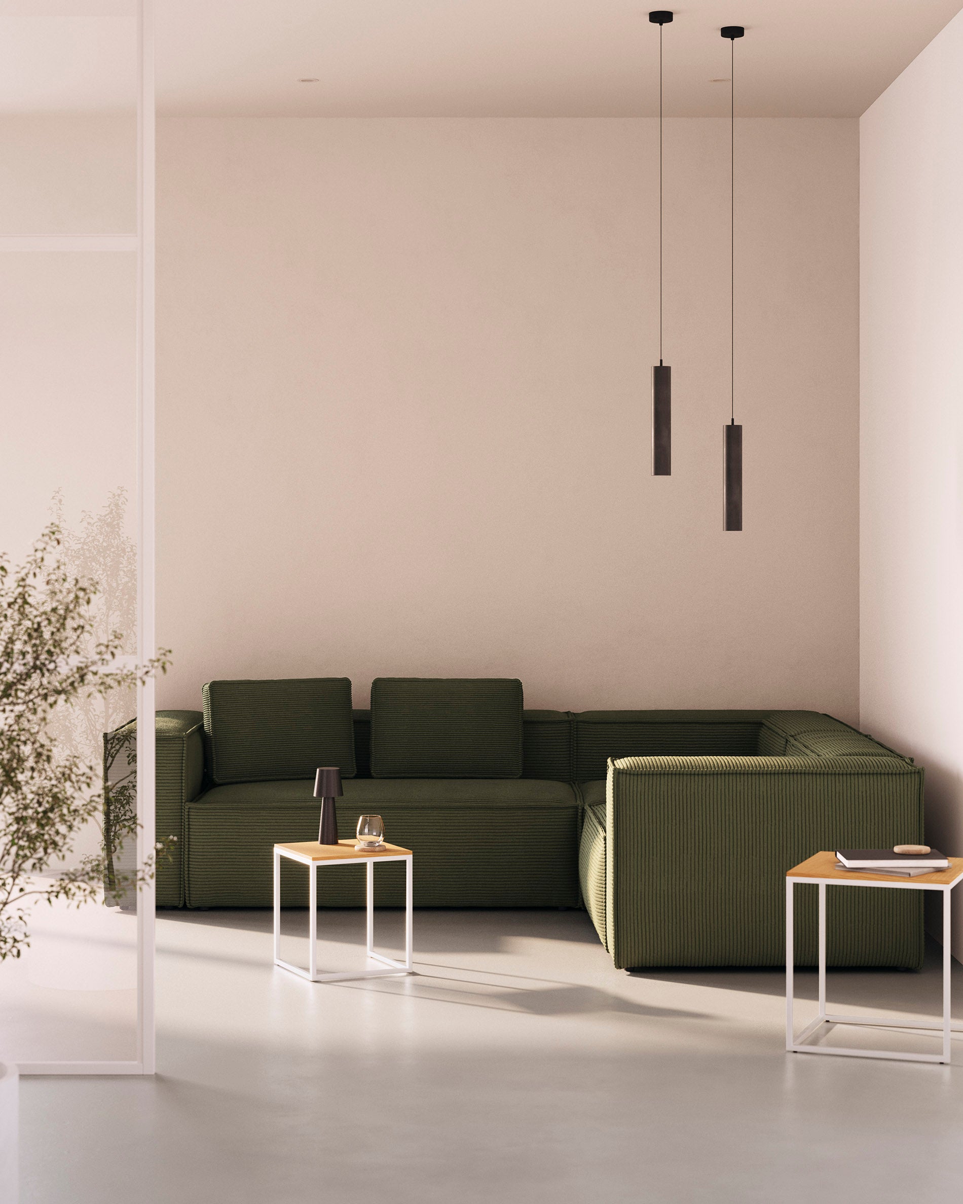 3-Sitzer-Ecksofa Blok, schwer entflammbar mit dickem, grünem Cord, 290 x 230 cm / 230 x 290 cm, FSC Mix Credit in Grün präsentiert im Onlineshop von KAQTU Design AG. Ecksofa ist von Kave Home