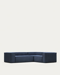 3-Sitzer-Ecksofa Blok, schwer entflammbar mit dickem, blauem Cord, 90 x 230 cm / 230 x 290 cm, FSC Mix Credit