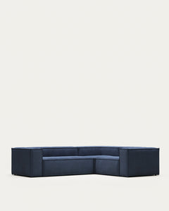3-Sitzer-Ecksofa Blok, schwer entflammbar mit dickem, blauem Cord, 90 x 230 cm / 230 x 290 cm, FSC Mix Credit