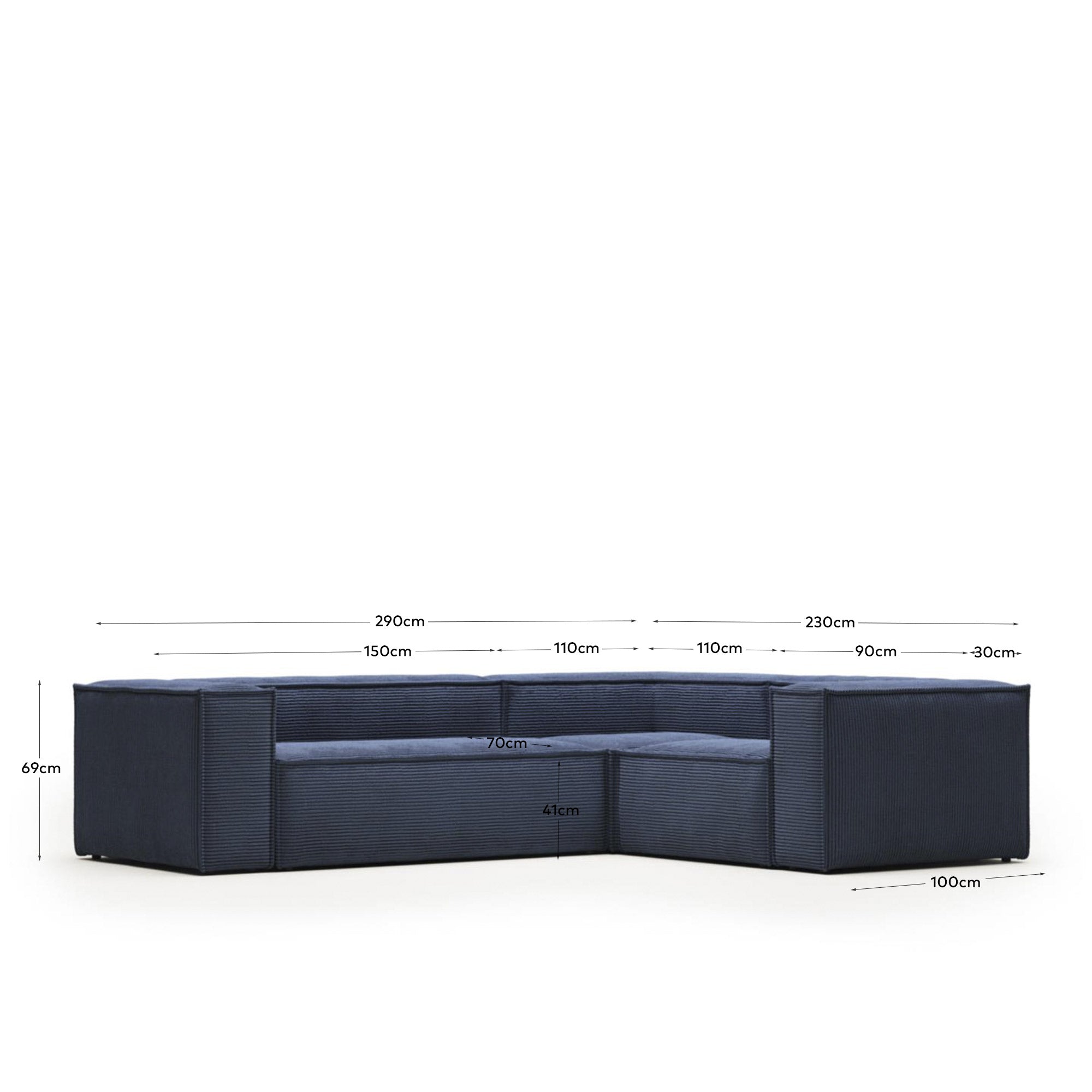 3-Sitzer-Ecksofa Blok, schwer entflammbar mit dickem, blauem Cord, 90 x 230 cm / 230 x 290 cm, FSC Mix Credit in Blau präsentiert im Onlineshop von KAQTU Design AG. Ecksofa ist von Kave Home