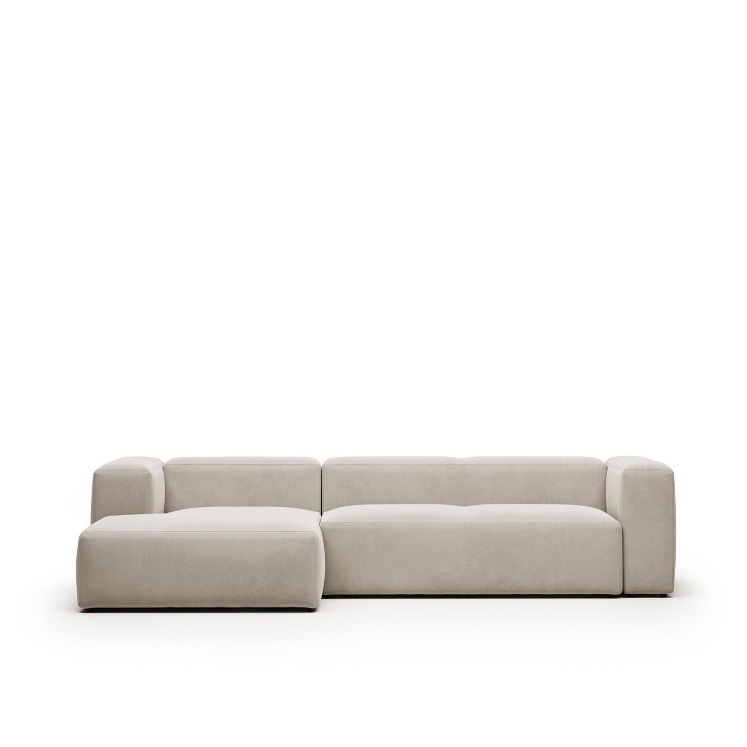 3D-Modell eines eleganten, beigen Blok 3-Sitzer Sofas mit linker Chaiselongue, 300 cm breit, von Kave Home.