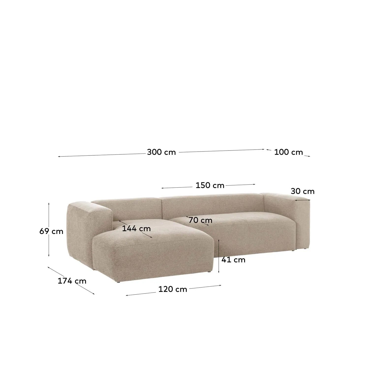 Elegantes Blok Sofa 300 cm beige mit linker Chaiselongue von Kave Home.