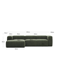 Canapé 3 places Blok avec méridienne à gauche, ignifugé avec chenille verte, 300 cm
