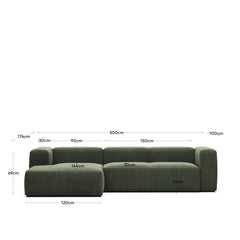 Canapé 3 places Blok avec méridienne à gauche, ignifugé avec chenille verte, 300 cm