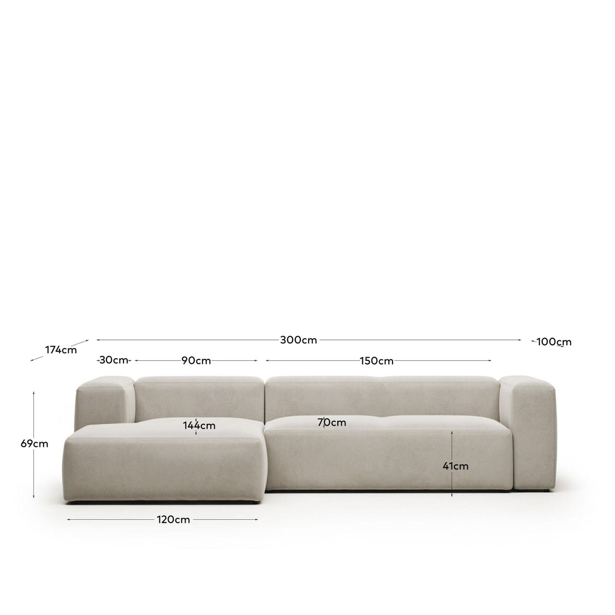3-Sitzer-Sofa Blok mit Chaiselongue links, schwer entflammbar mit weisser Chenille, 300 cm in Natur präsentiert im Onlineshop von KAQTU Design AG. 3er Sofa ist von Kave Home