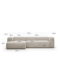 Canapé 3 places Blok avec méridienne à gauche, ignifugé avec chenille blanche, 300 cm