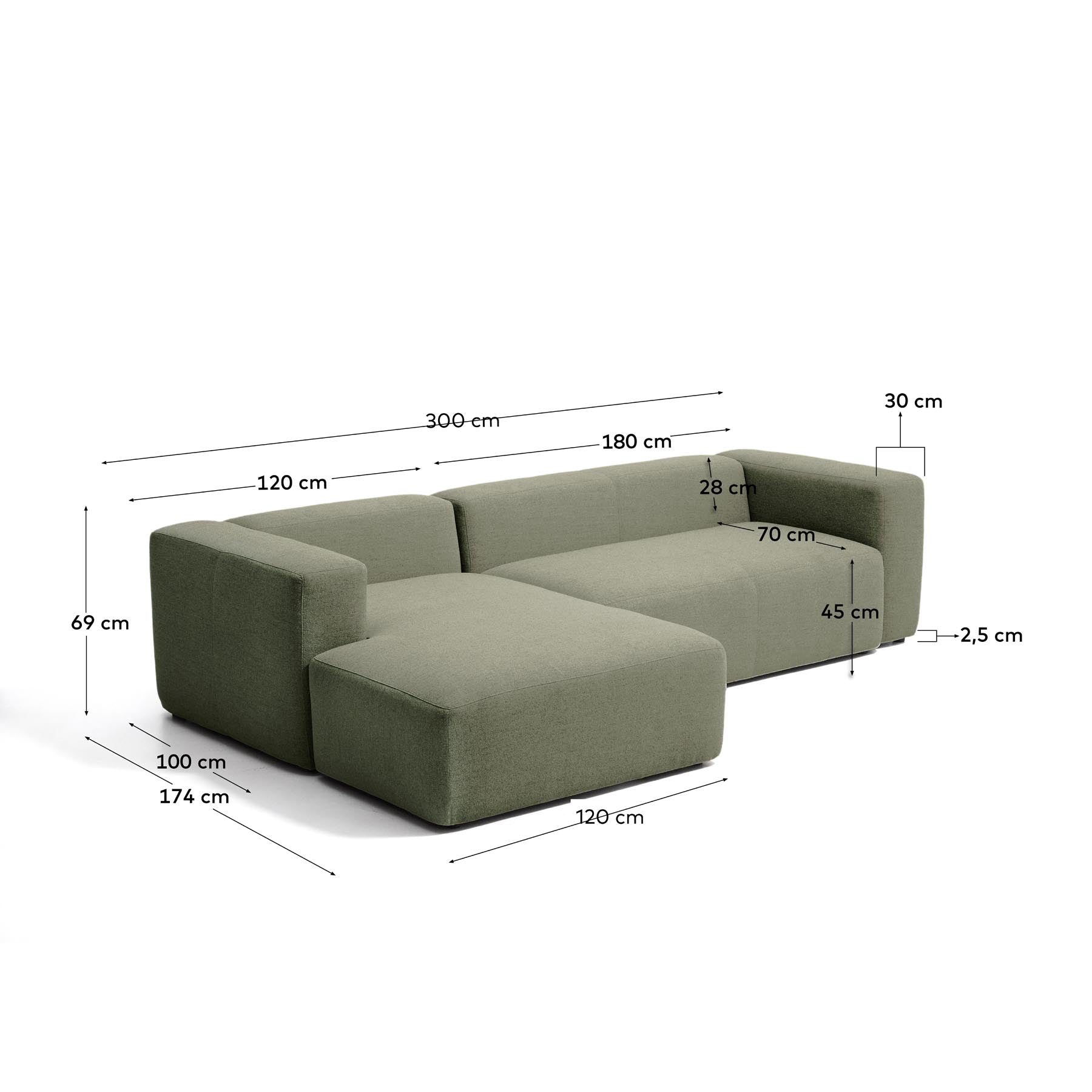3-Sitzer-Sofa Blok mit Chaiselongue links in moosgrüner Chenille, 300 cm, FSC Mix Credit in Dunkelgrün präsentiert im Onlineshop von KAQTU Design AG. L-Sofa links ist von Kave Home