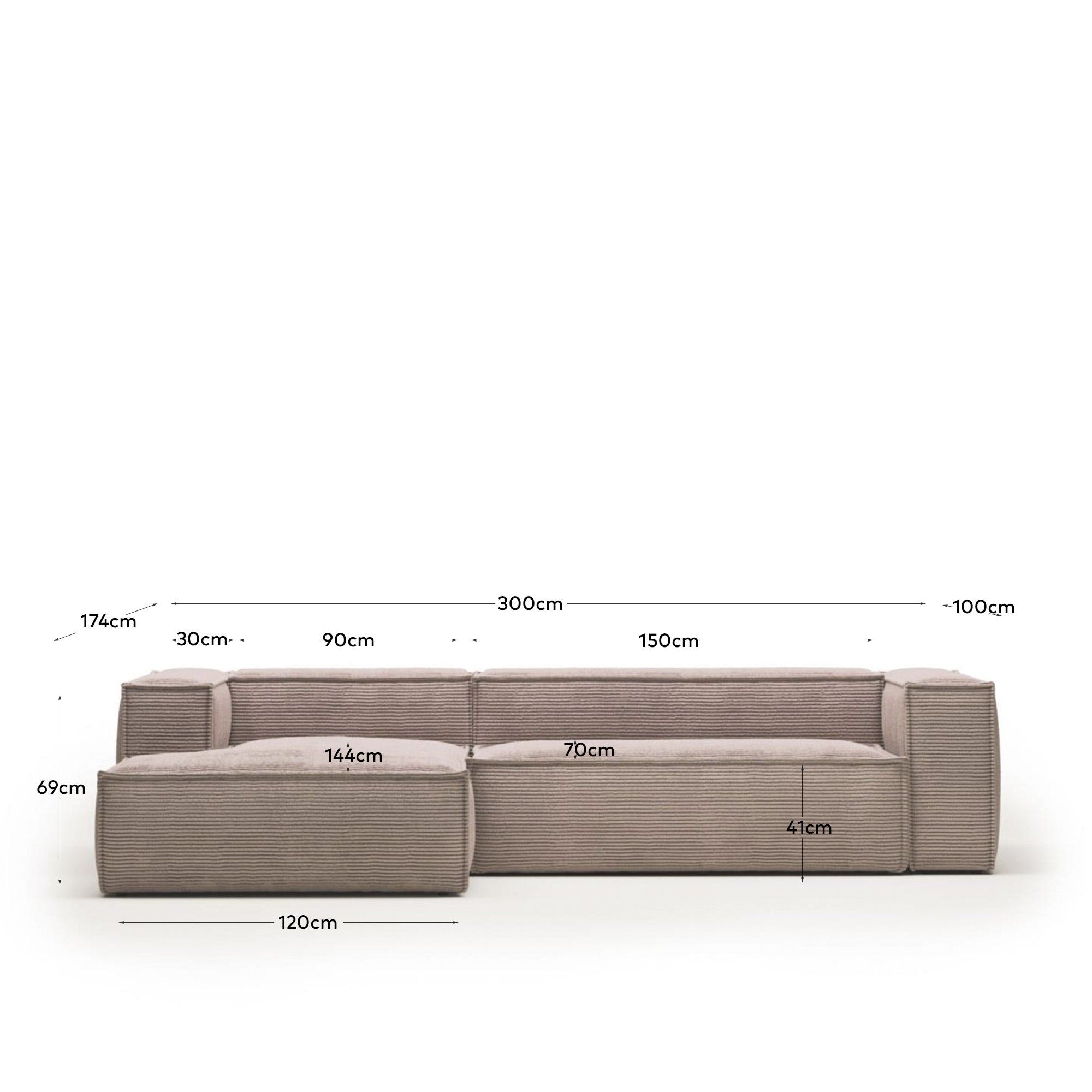 3-Sitzer-Sofa Blok mit Chaiselongue links, schwer entflammbar mit dickem, rosafarbenem Cord, 300 cm in Rosa präsentiert im Onlineshop von KAQTU Design AG. 3er Sofa ist von Kave Home