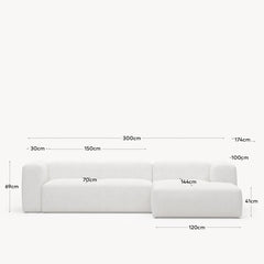 3-seater sofa Blok with chaise longue on the right, flame retardant with white imitation lambskin,