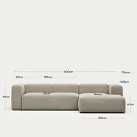 Canapé 3 places Blok avec méridienne à droite, ignifugé avec chenille beige, 300 cm