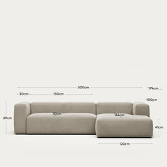 Canapé 3 places Blok avec méridienne à droite, ignifugé avec chenille beige, 300 cm