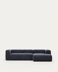 Canapé 3 places Blok avec méridienne à droite, ignifugé avec chenille bleue, 300 cm